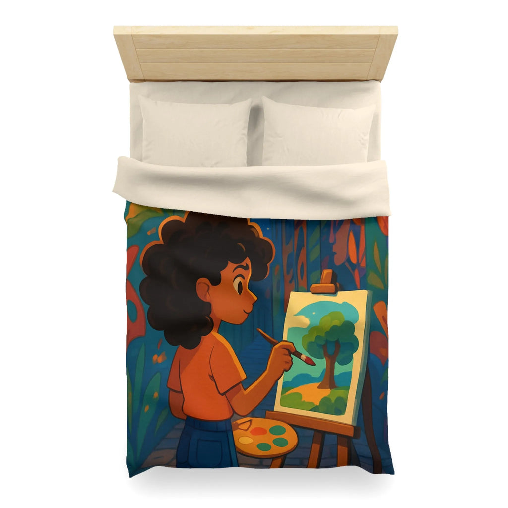 Housse de couette colorée illustrant une ruelle artistique avec peinture et lanterne