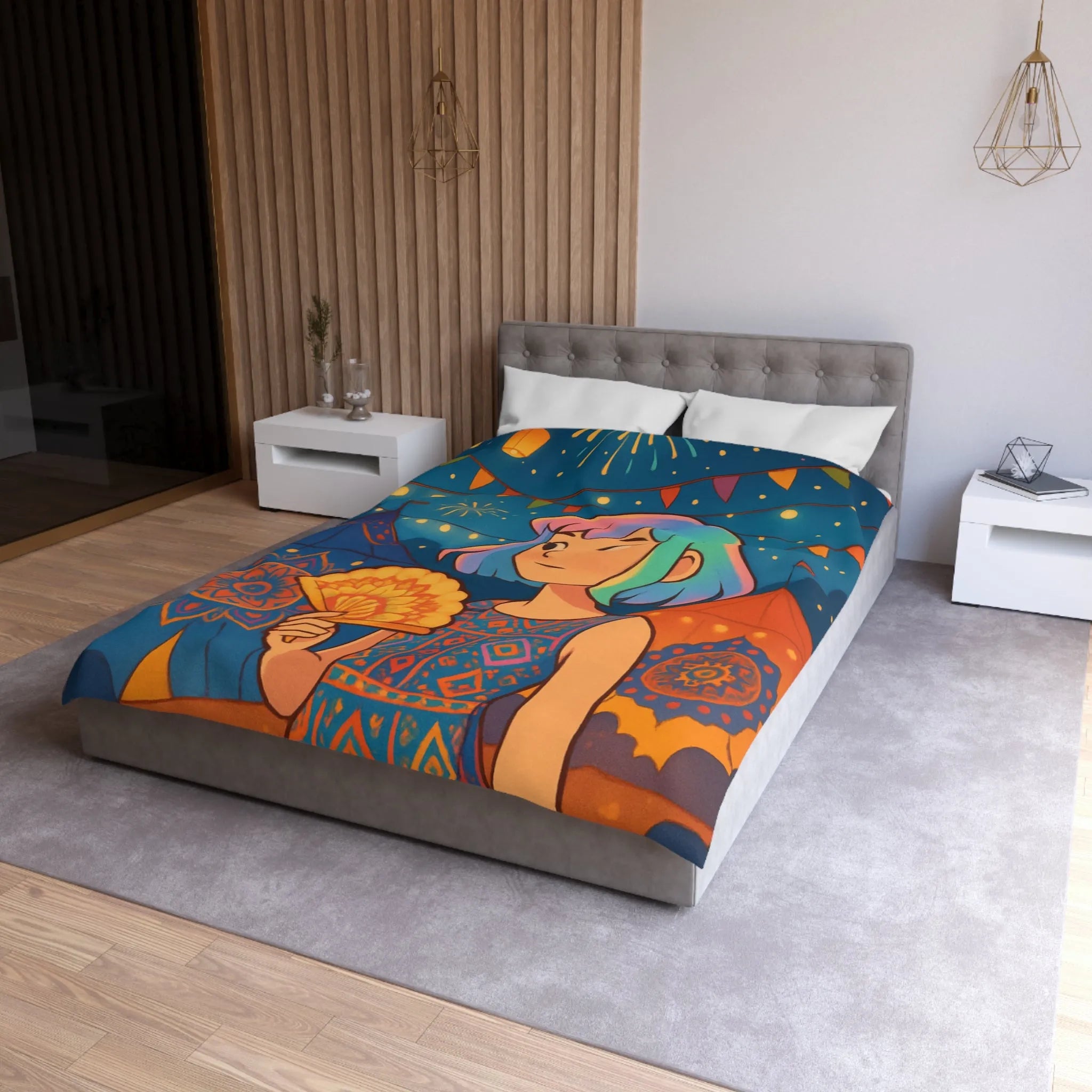 Housse de couette colorée avec motif de festival et feux d'artifice captivants