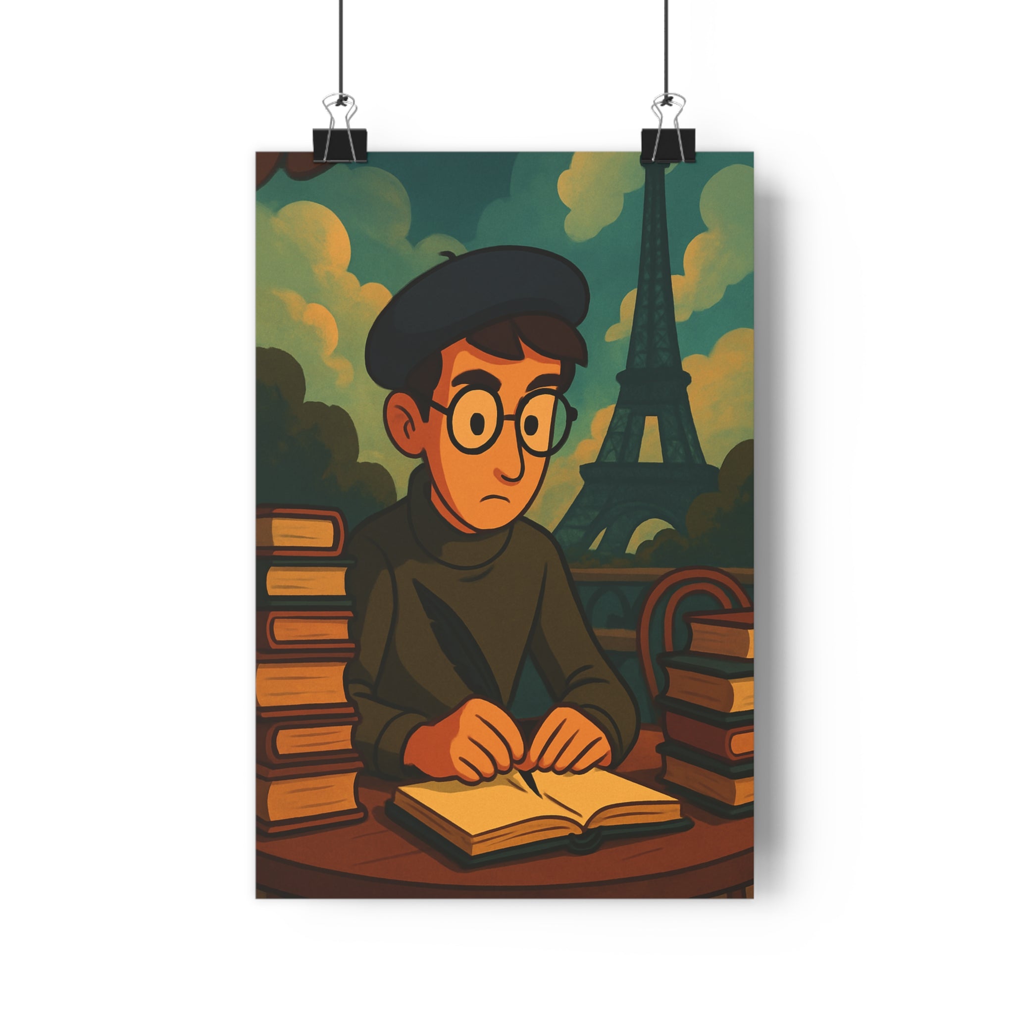 Poster décoratif écrivain vintage brun vert nostalgique bureau salon ambiance chaleureuse tour carnet plume