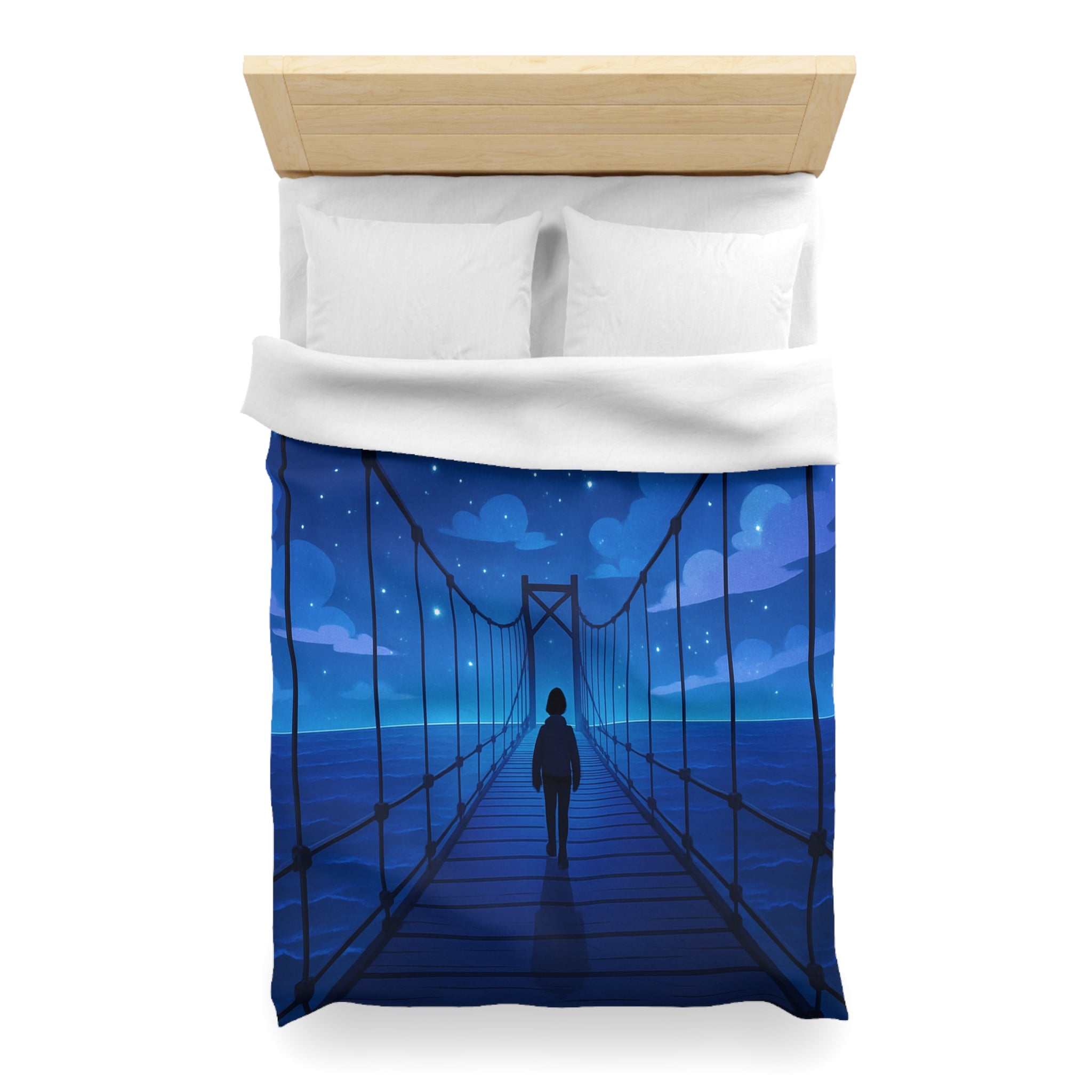 Housse de couette pont étoilé avec silhouette sous ciel nocturne bleu profond