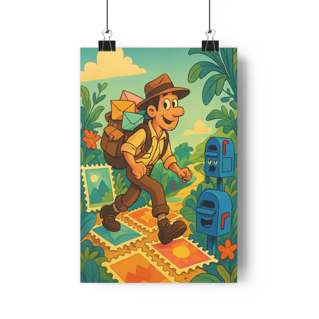 Poster décoratif aventurier cartoon pastel joyeux chambre enfant coloré enveloppes stylisé chemin nature fleurs