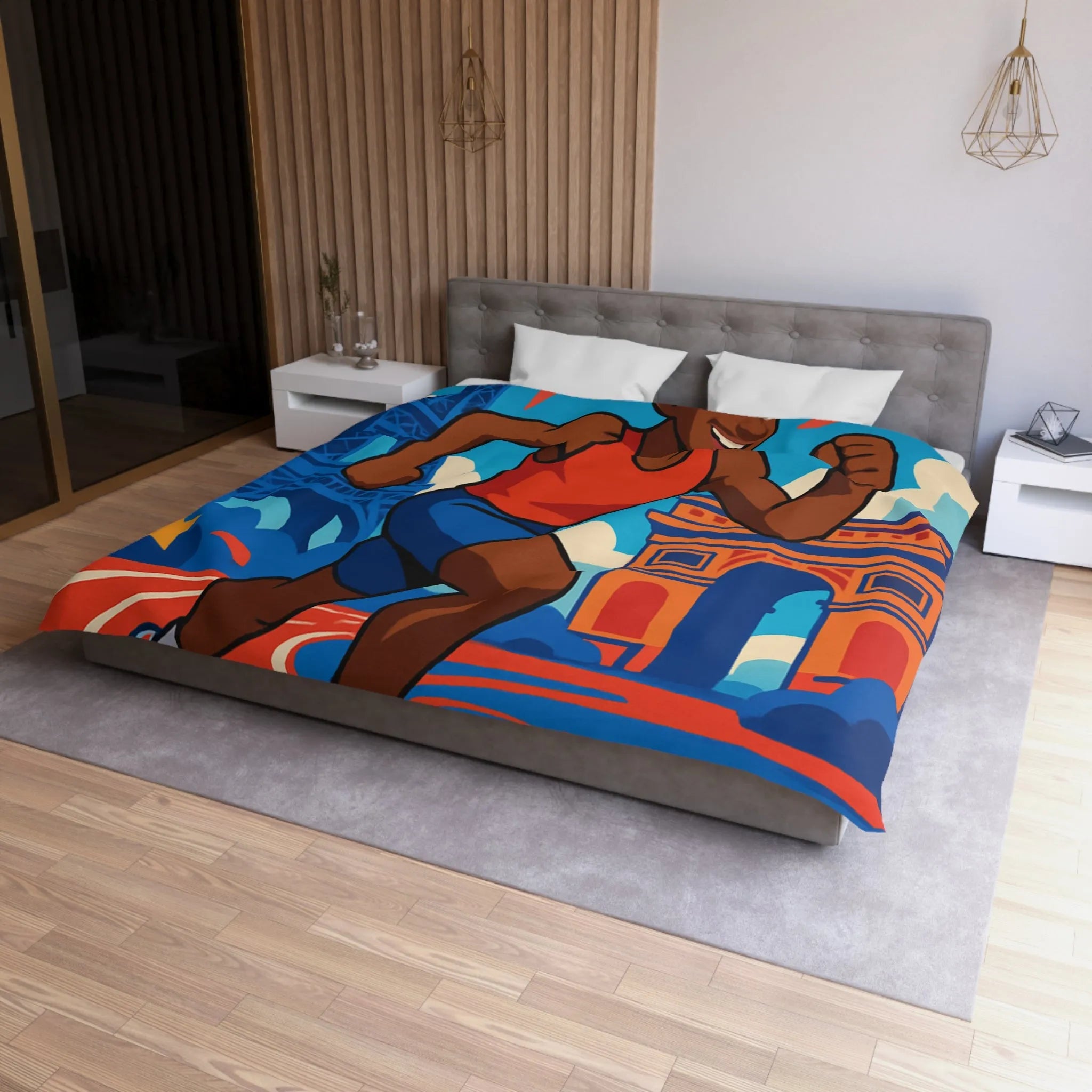 Couverture de lit sportive avec athlète vibrant et monuments emblématiques pour chambre dynamique