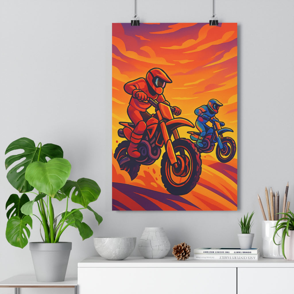 Poster décoratif animé rouge orange dynamique aventure motocross chambre salon sport vibrant 30x46 cm