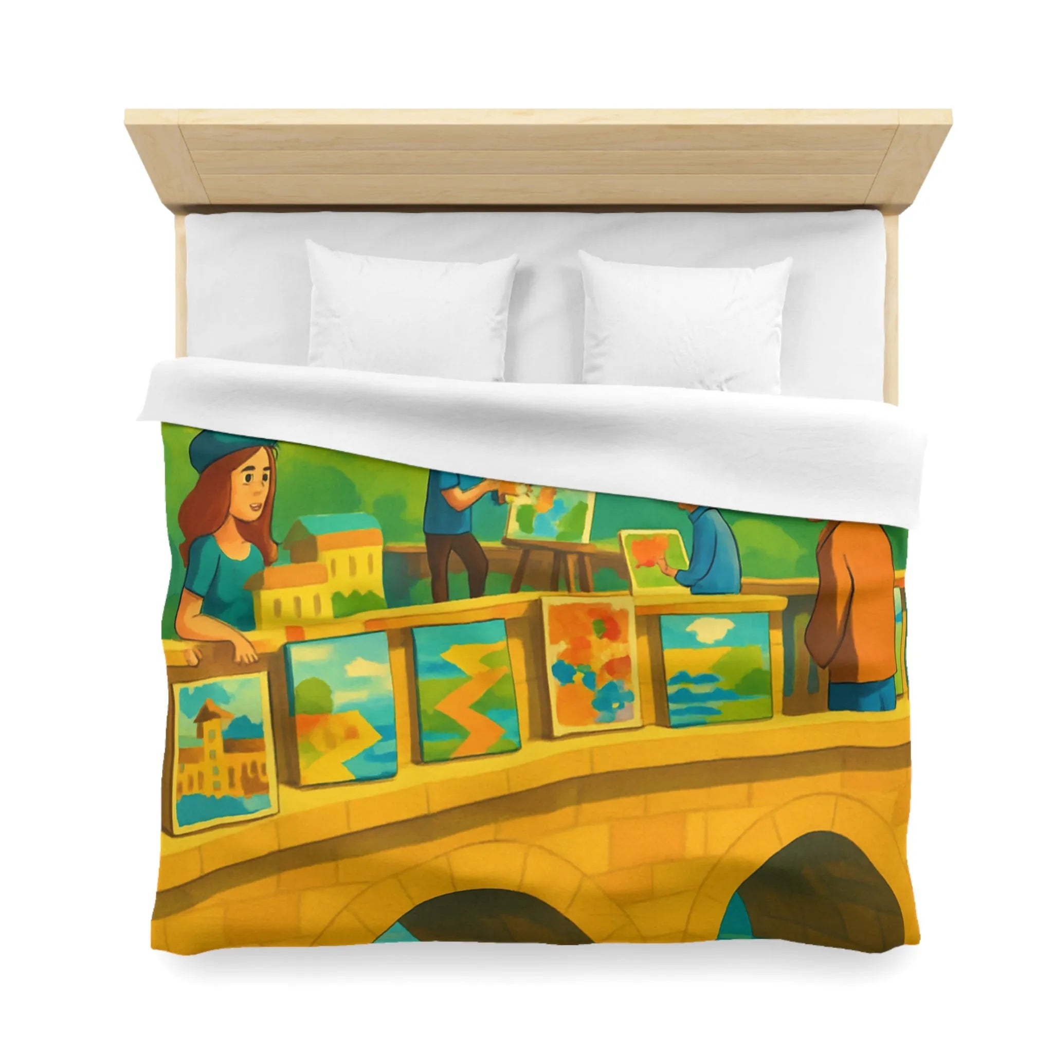 Housse de couette colorée thème pont artistique avec moulins à vent et paysage