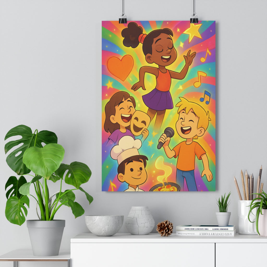 Poster décoratif joyeux coloré enfant arcenciel scène artistique moderne chambre dynamique créatif vibrant qualité