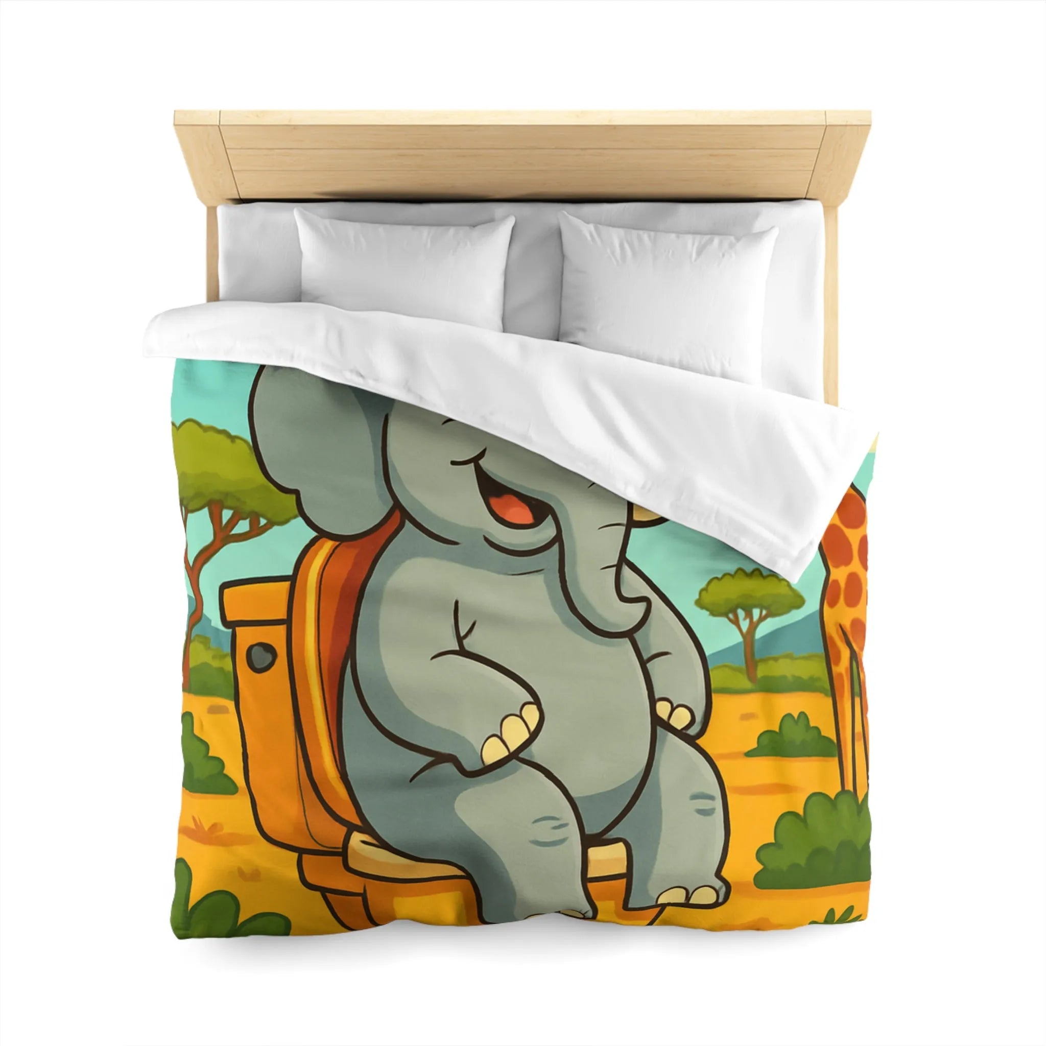 Housse de couette joyeuse éléphant sur toilettes en pleine savane colorée