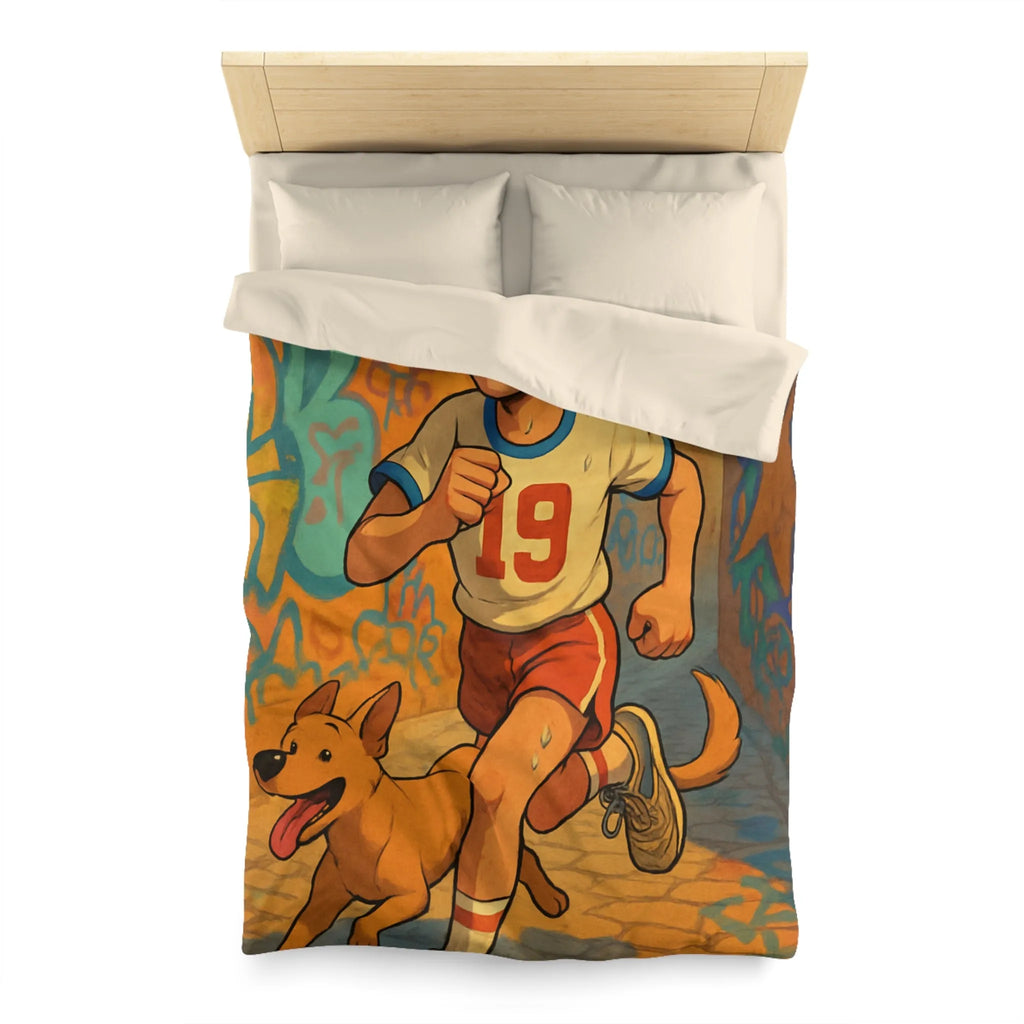 Housse de couette enfant sportive avec garçon et chien dans ruelle colorée graffiti
