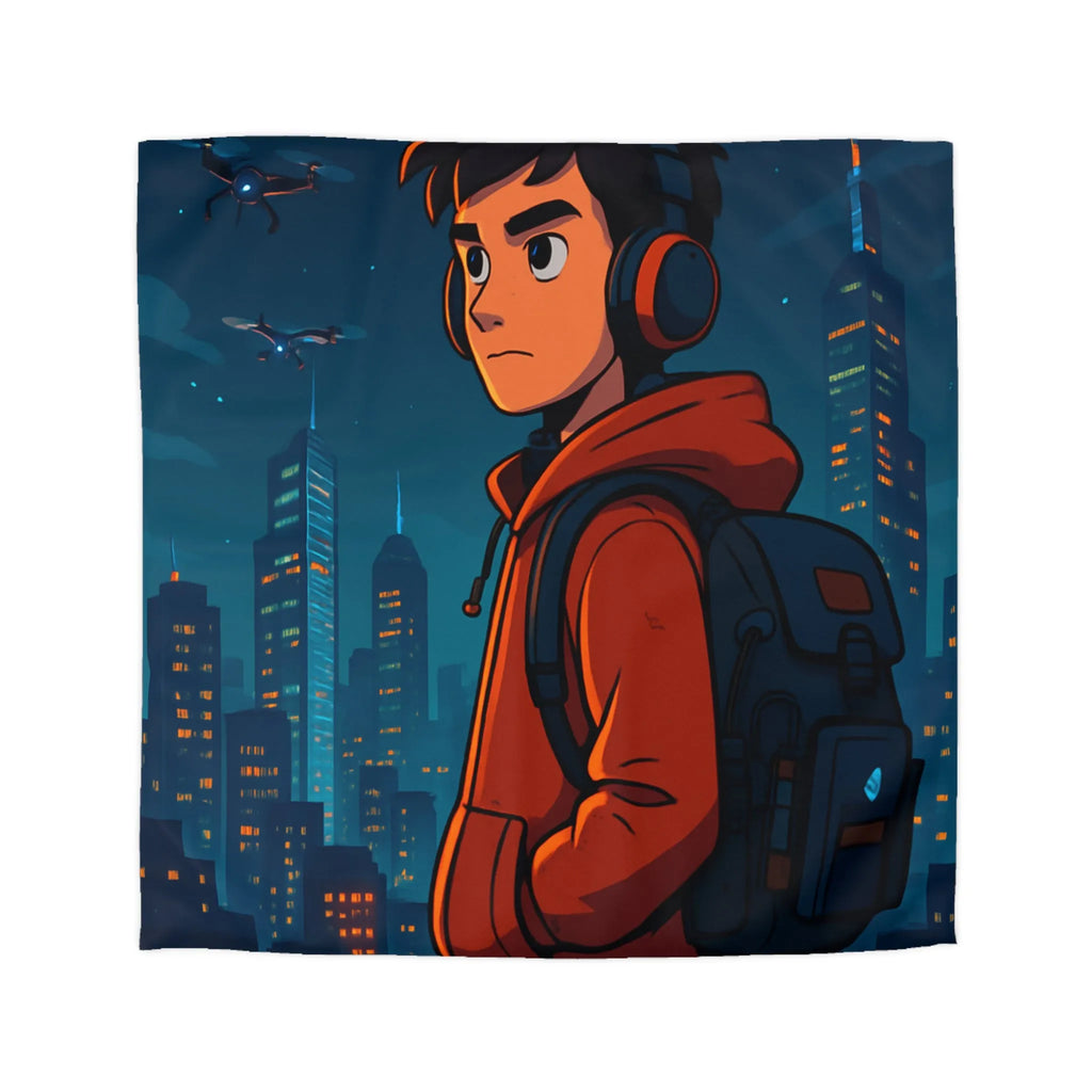 Housse de couette ado moderne nocturne avec personnage urbain et drones dans le ciel
