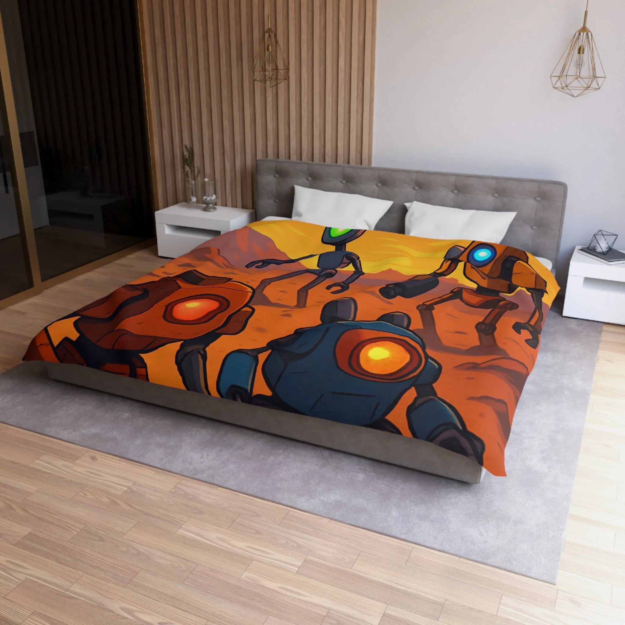 Housse de couette avec robots colorés dans un paysage désertique au coucher du soleil