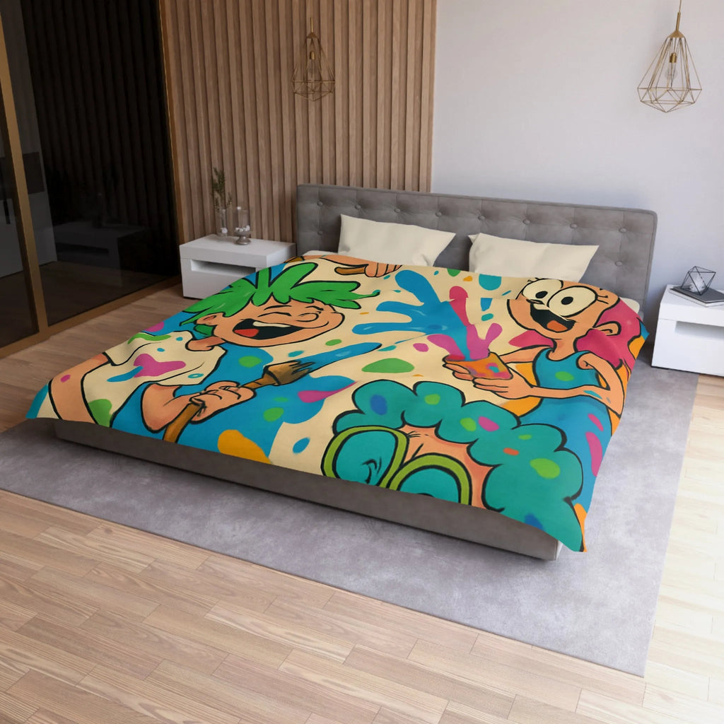 Housse de couette colorée pour enfants avec personnages joyeux et éclaboussures de peinture
