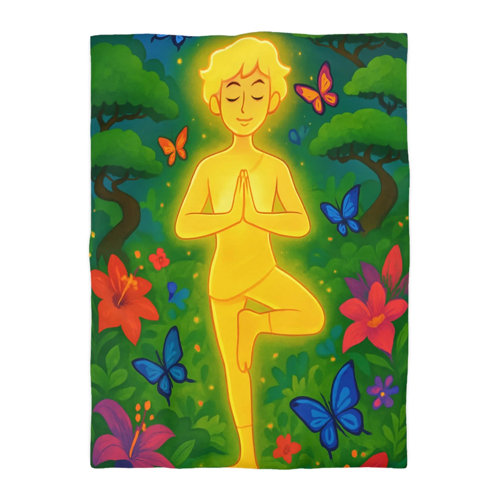 Housse de Couette avec Design Méditatif et Papillons Multicolores en Forêt Luxuriante