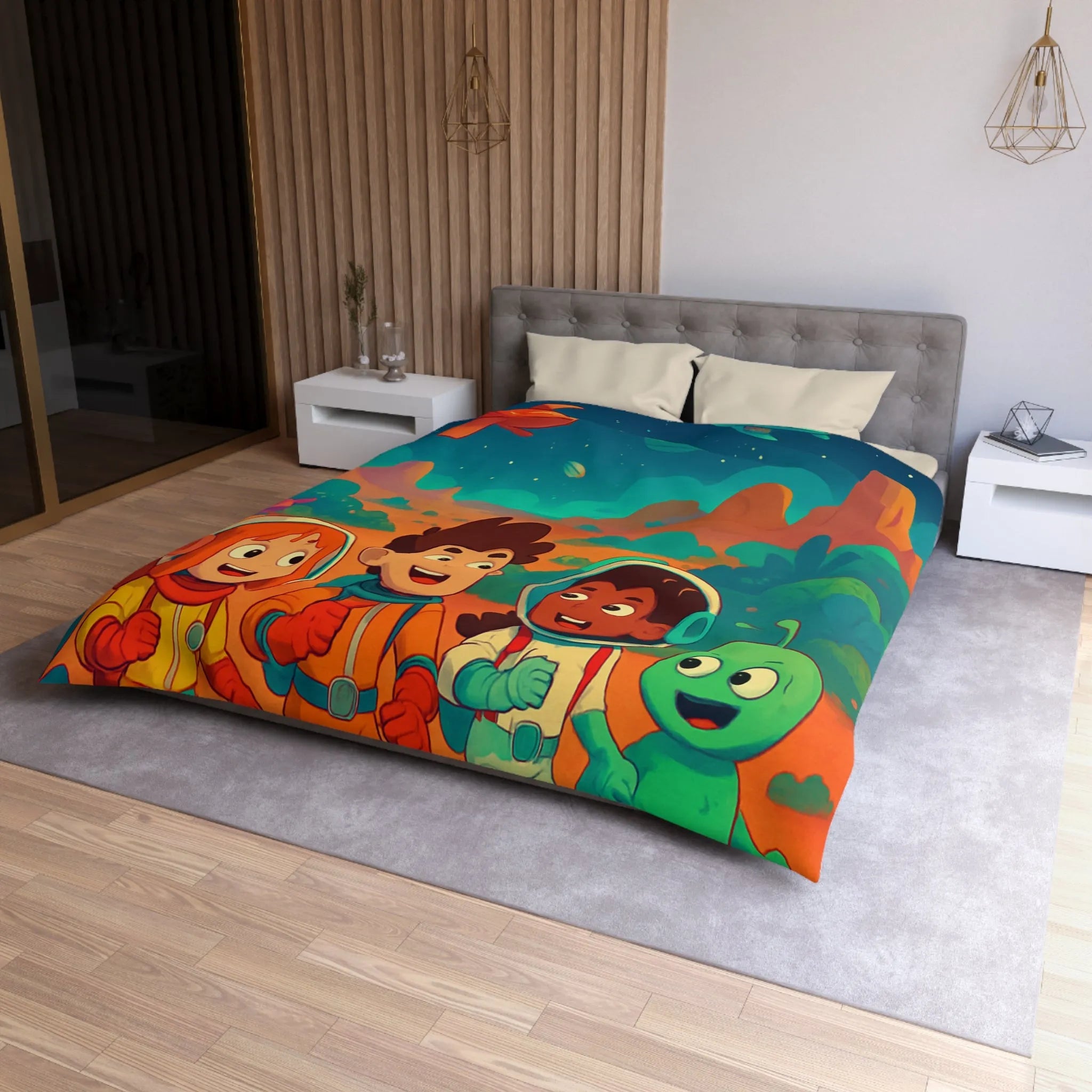 Housse de couette espace enfants, design coloré avec astronautes et paysages interstellaires