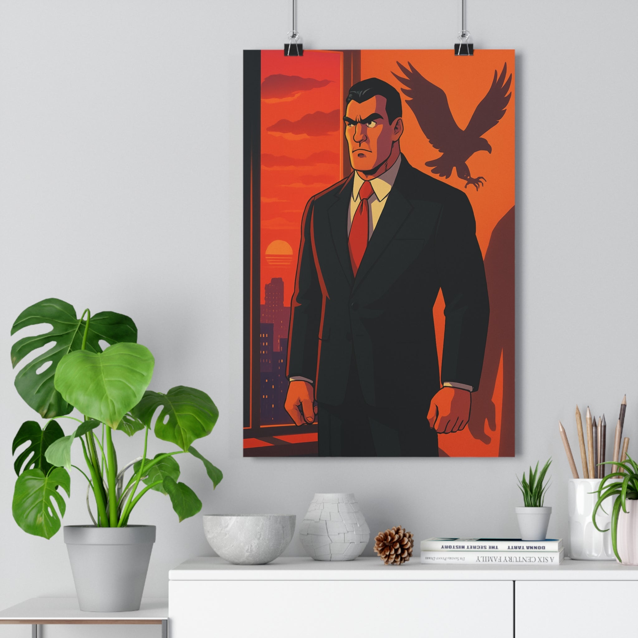Poster décoratif anime homme sombre crépuscule rouge intense dramatique salon bureau 30x46 ambiance captivante