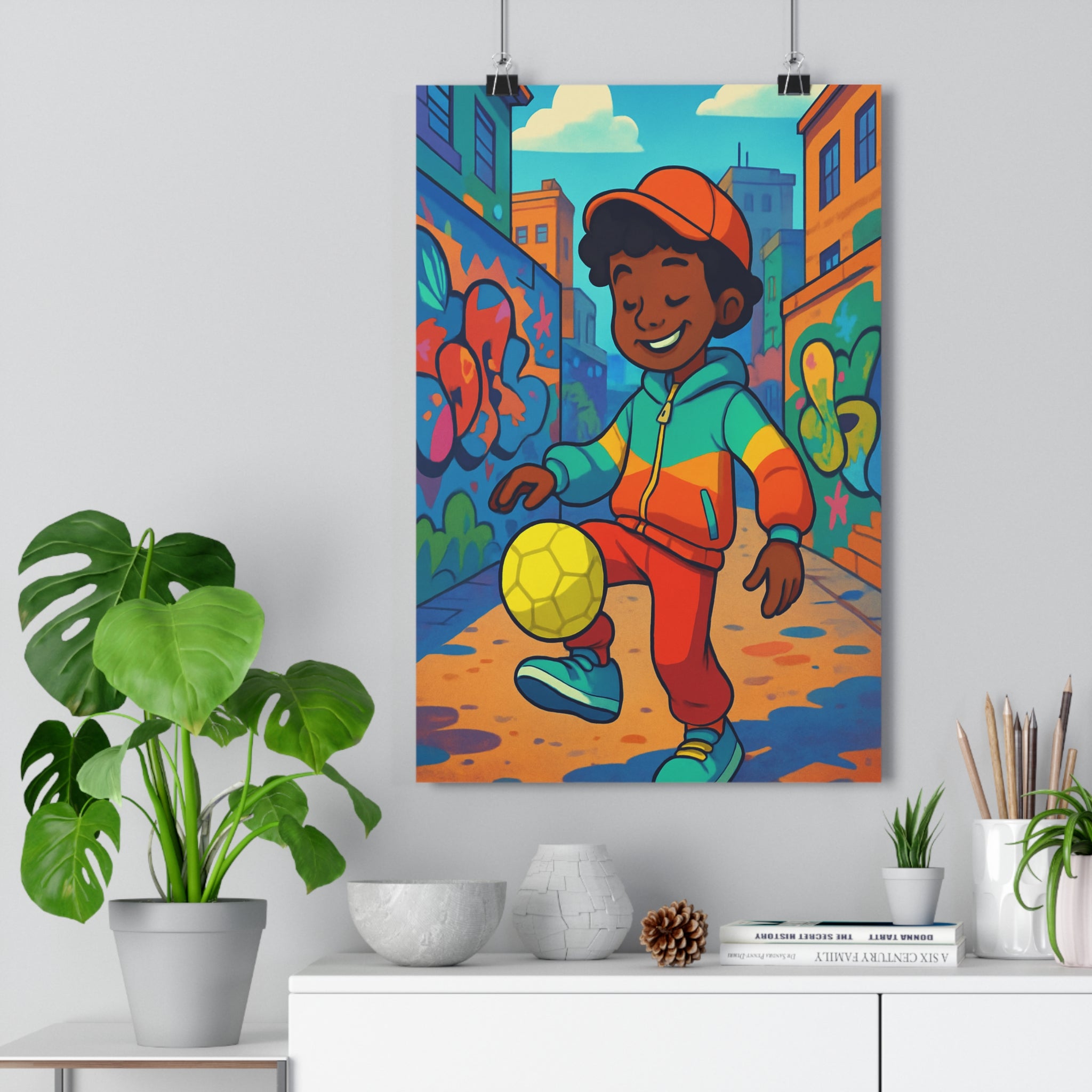 Poster décoratif urbain coloré orange bleu jaune football enfant graffiti dynamique chambre joyeux 30x46