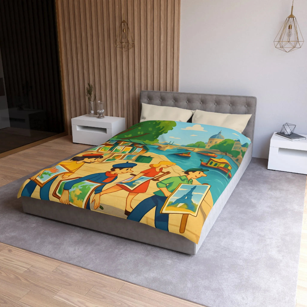 Housse de couette artistique thème parisien avec scènes de quai colorées et peintres joyeux