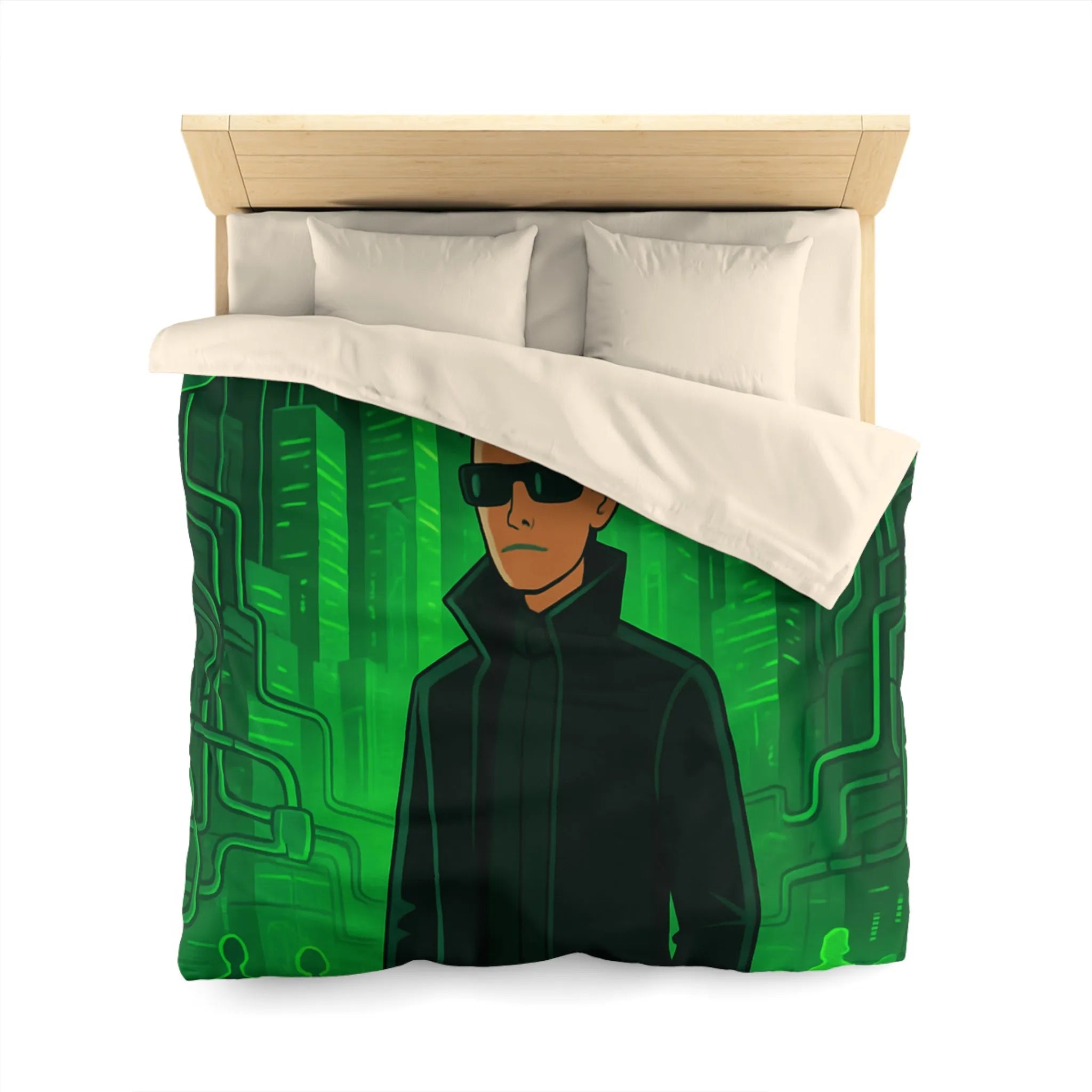 Housse de couette design futuriste vert avec motif personnage et ville numérique