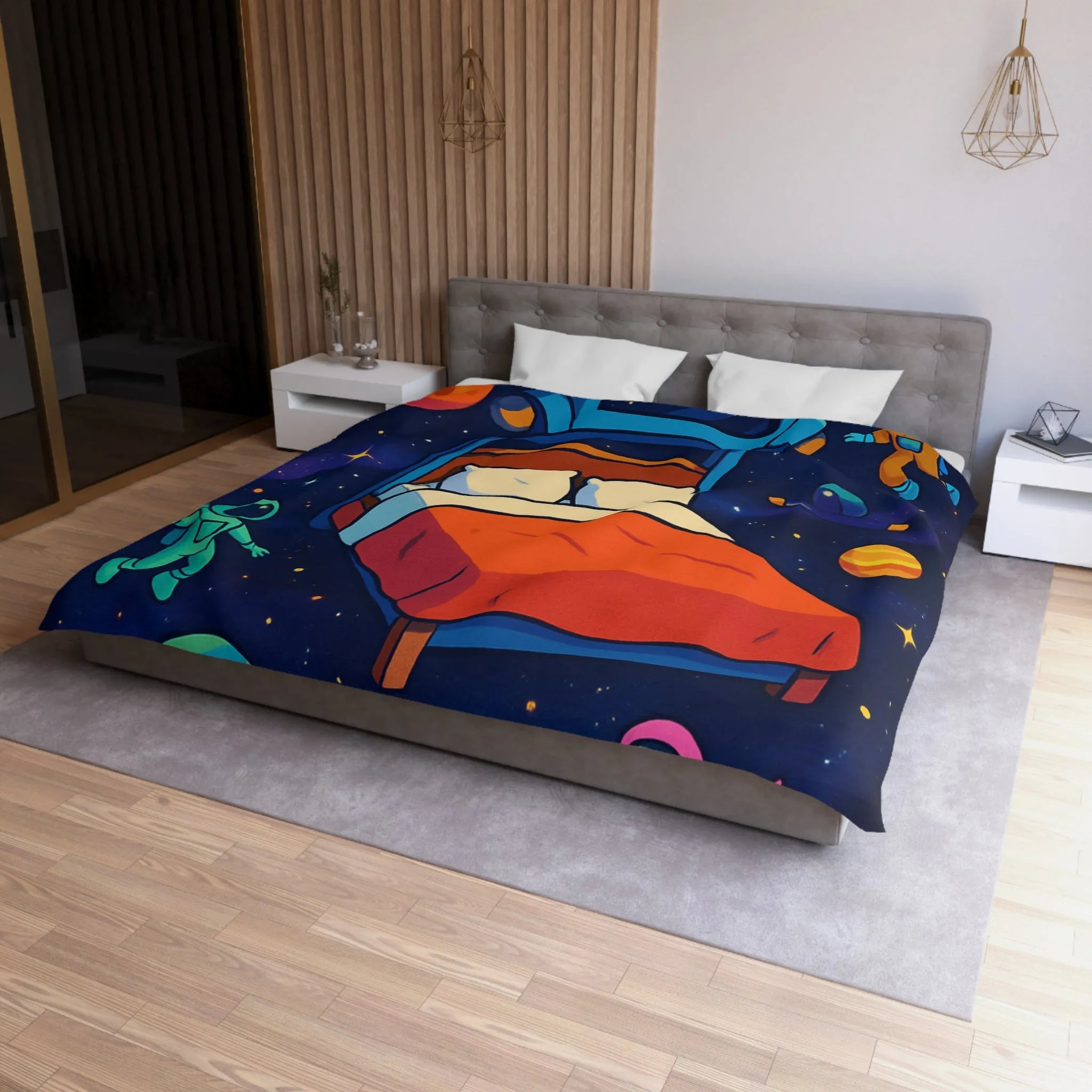 Housse de couette galaxies vibrantes avec astronautes flottants et planètes colorées pour enfants