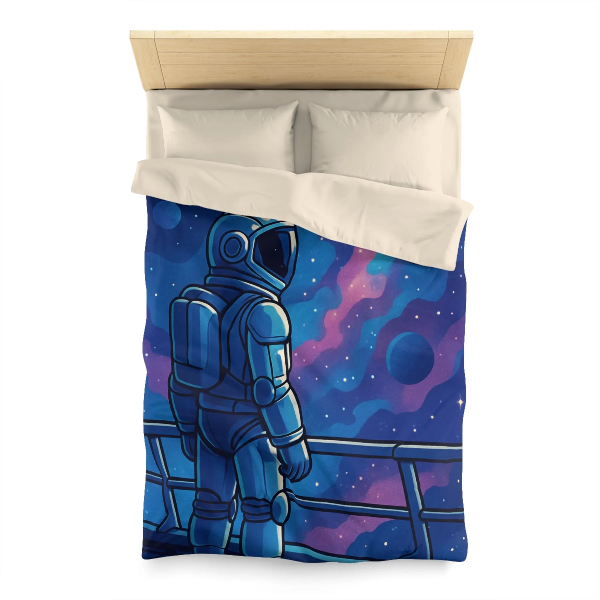 Housse de couette design astronaute contemplant galaxies et planètes dans l'espace infini