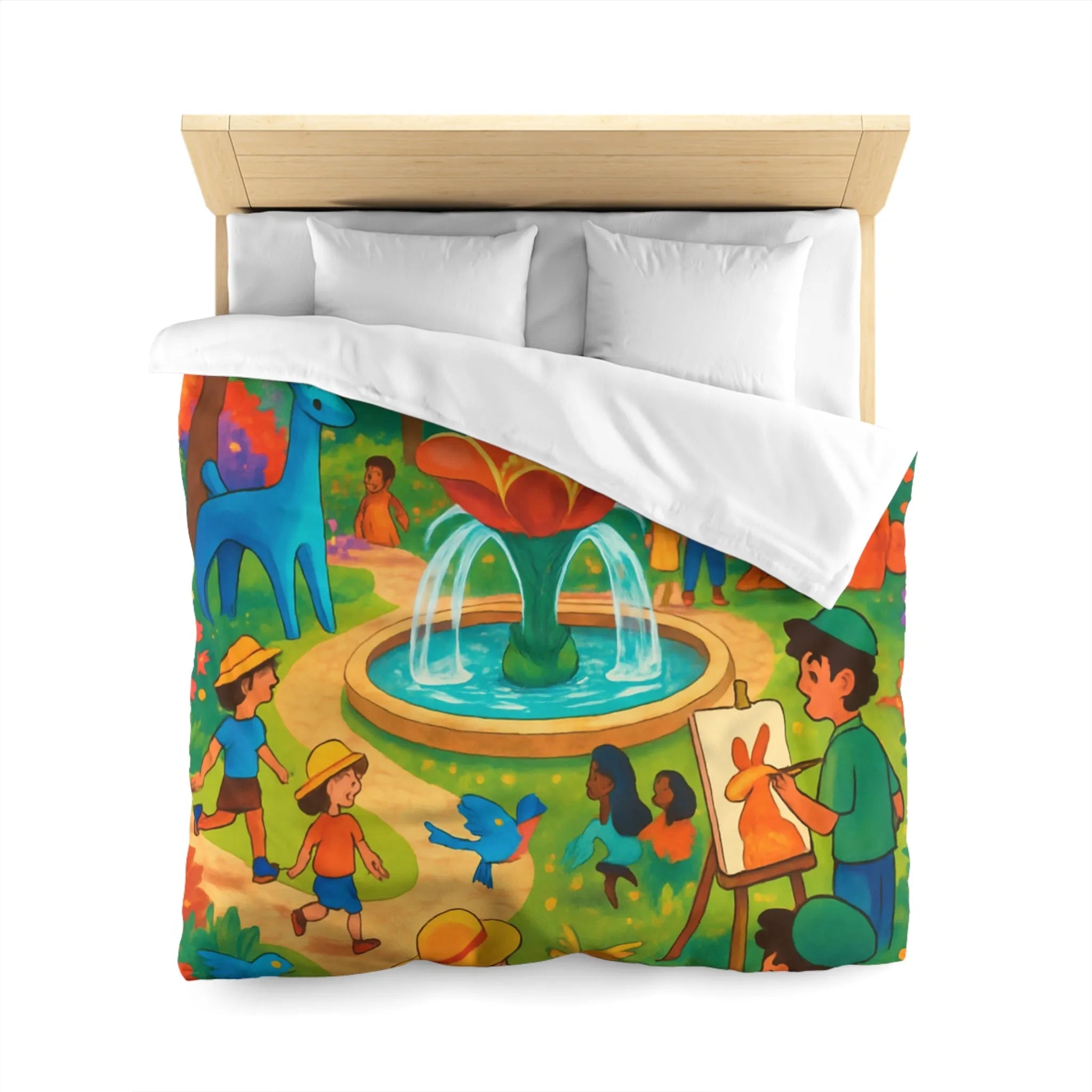 Housse de couette colorée avec animaux fantastiques, enfants et fontaine au parc artistique