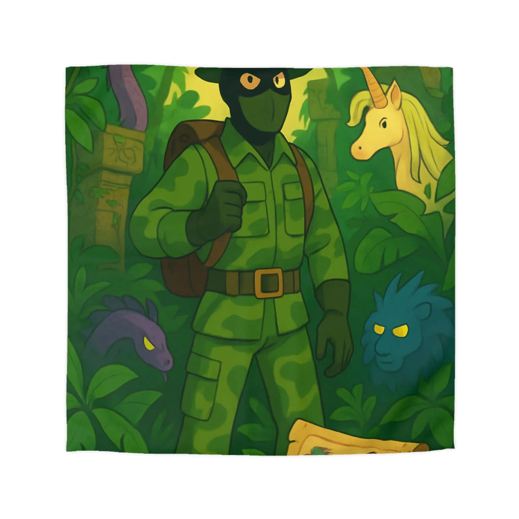 Housse de couette avec explorateur aventurier parmi créatures fantastiques et forêt luxuriante