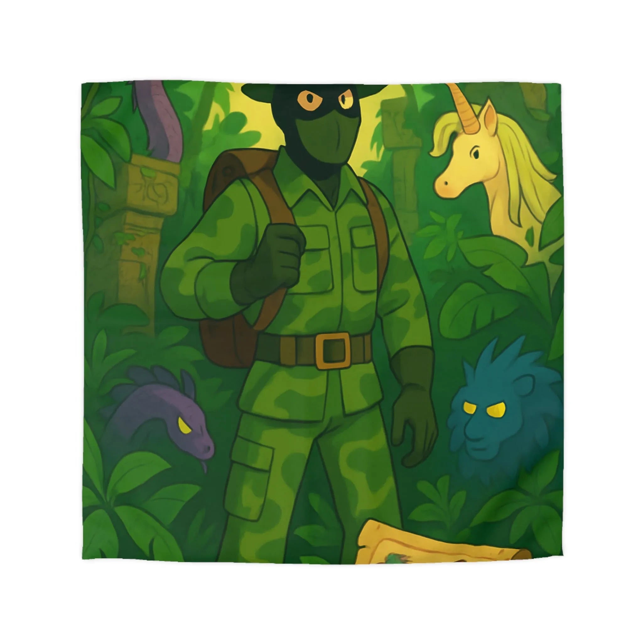 Housse de couette avec explorateur aventurier parmi créatures fantastiques et forêt luxuriante