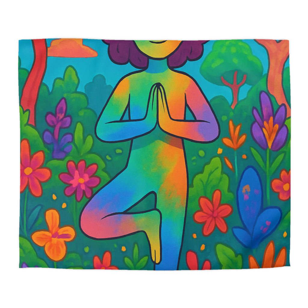 Housse de Couette avec Illustration Arc-en-Ciel d’une Personne Pratiquant le Yoga en Nature