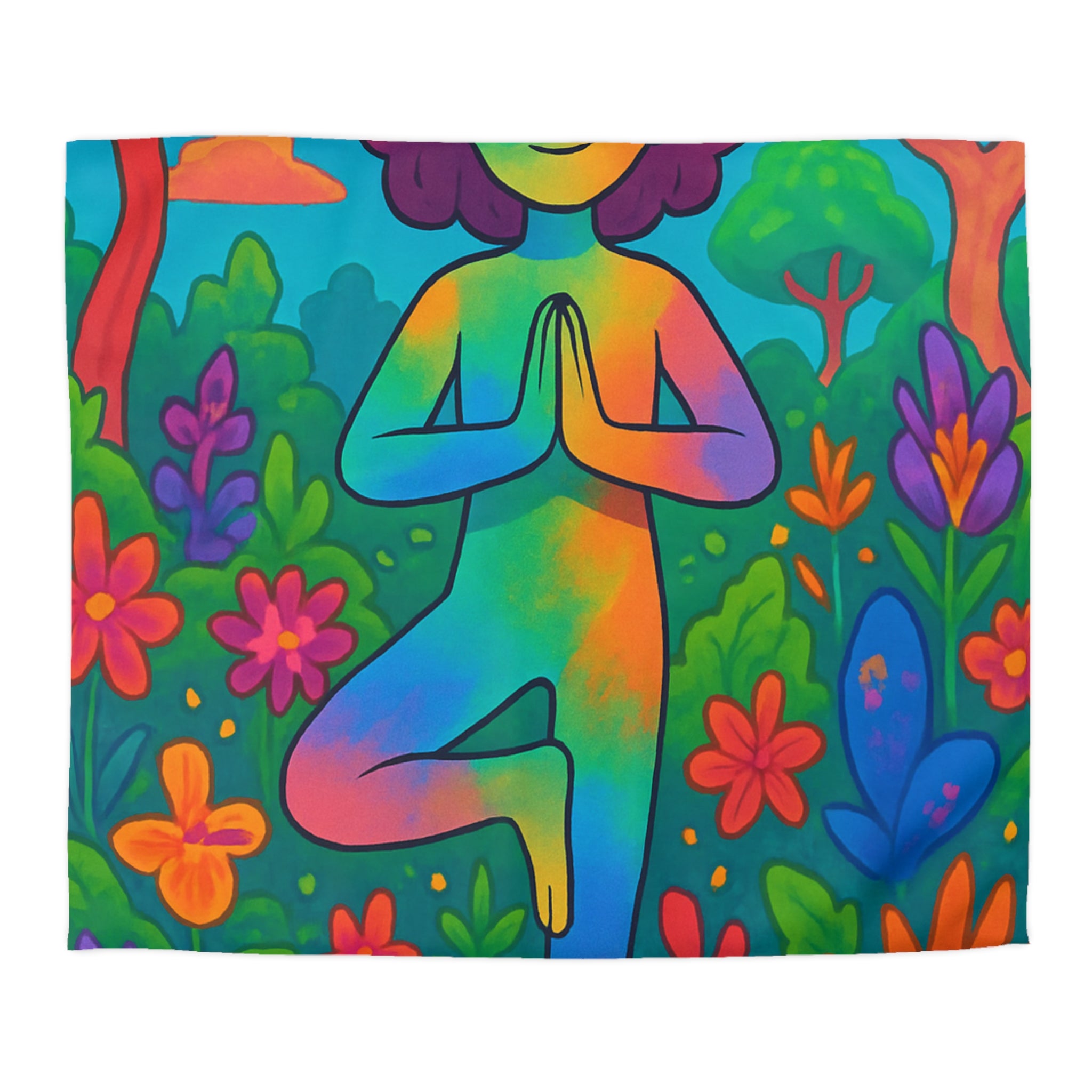 Housse de Couette avec Illustration Arc-en-Ciel d’une Personne Pratiquant le Yoga en Nature