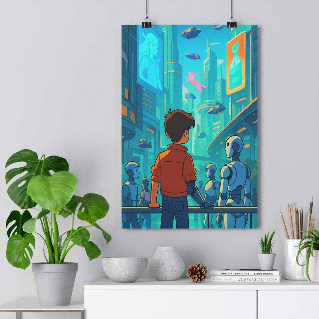 Poster décoratif futuriste bleu orange urbain salon bureau anime cyberpunk dynamique lumière moderne vibrant