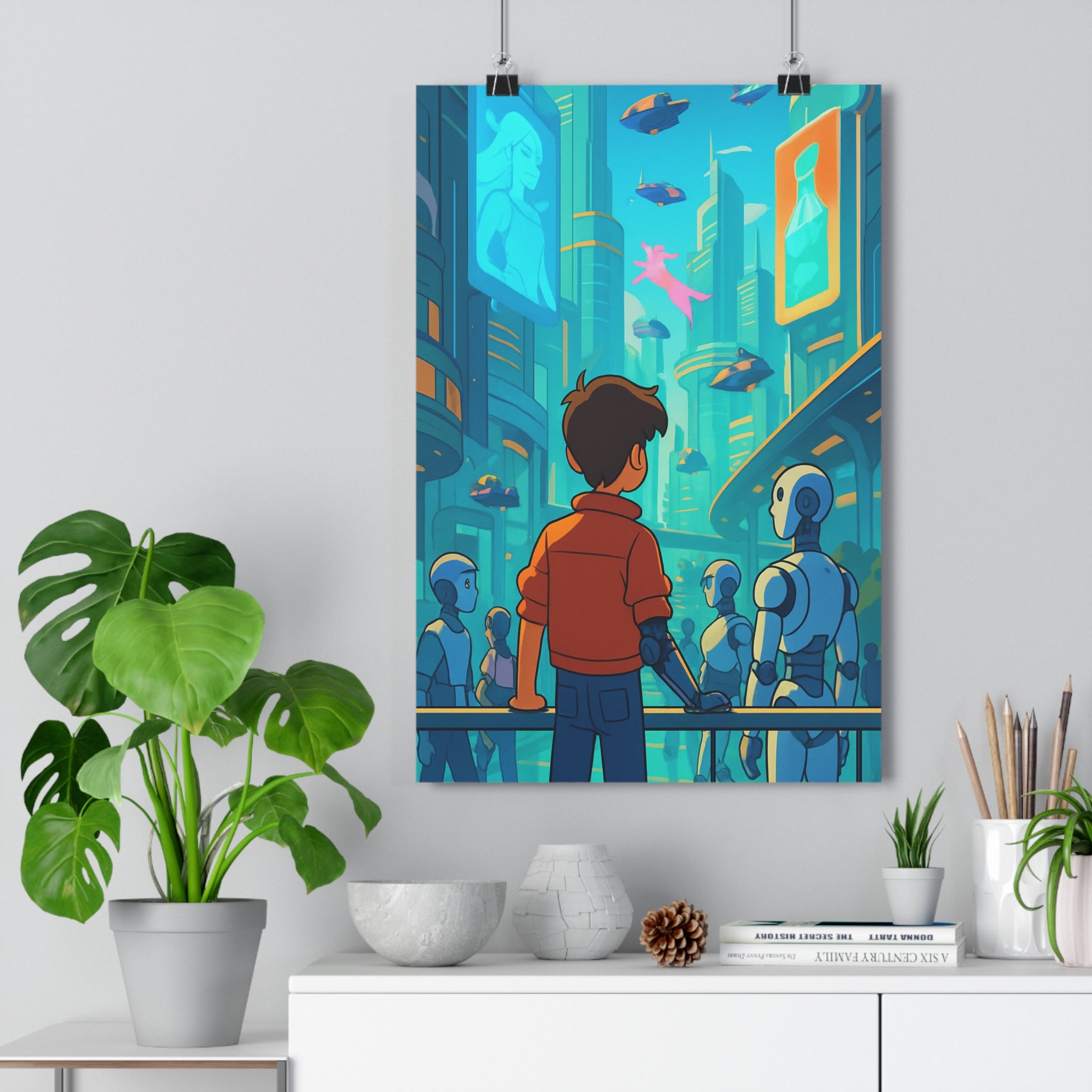 Poster décoratif futuriste bleu orange urbain salon bureau anime cyberpunk dynamique lumière moderne vibrant