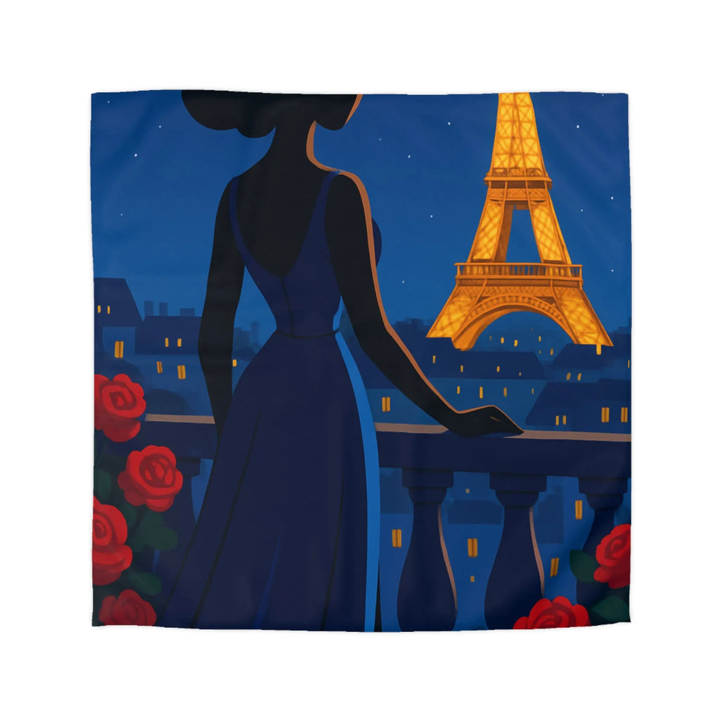 Housse de couette élégante avec vue nocturne sur Paris et roses rouges vibrantes