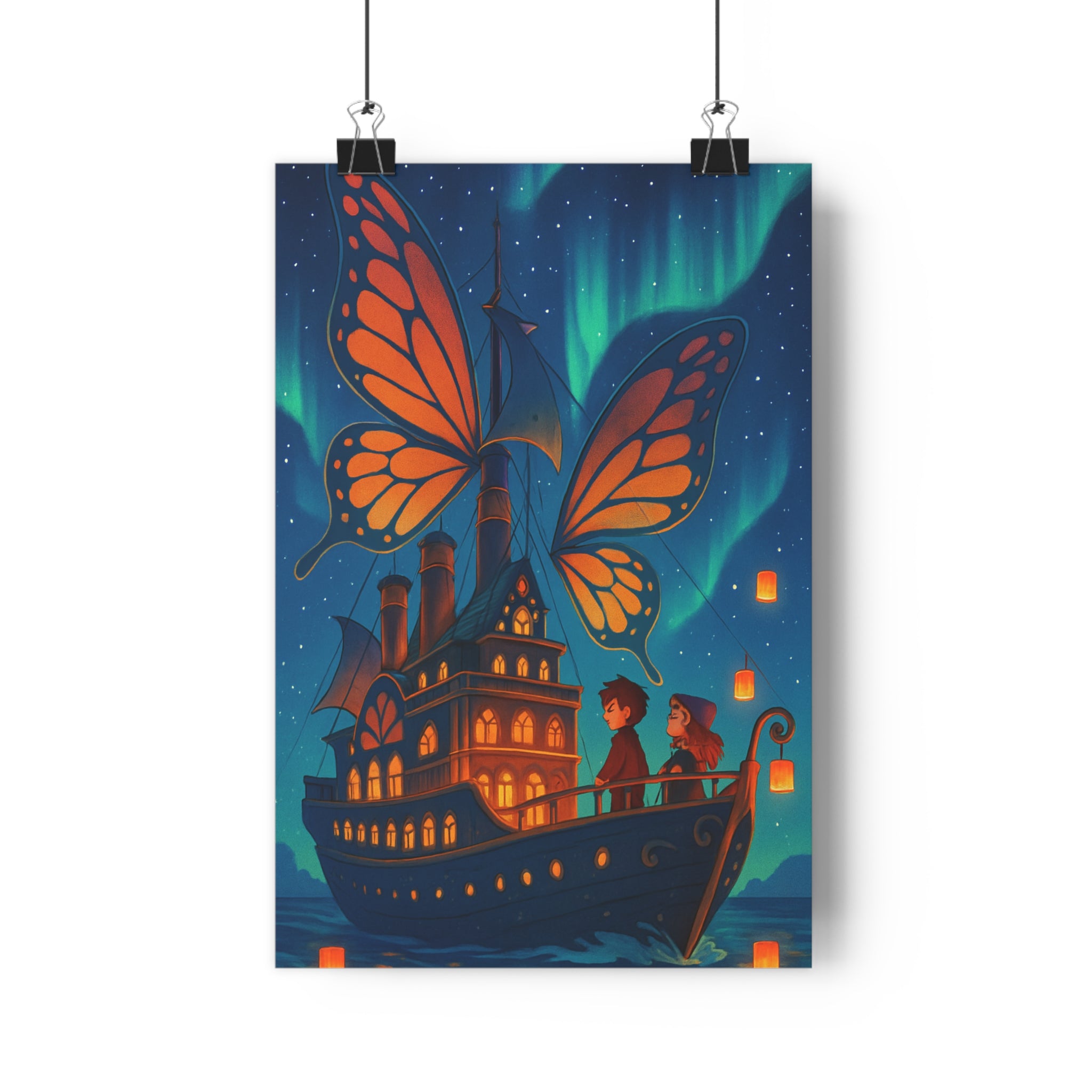 Poster décoratif navire fantastique ciel étoilé aurores boréales bleu vert magique aventure chambre qualité