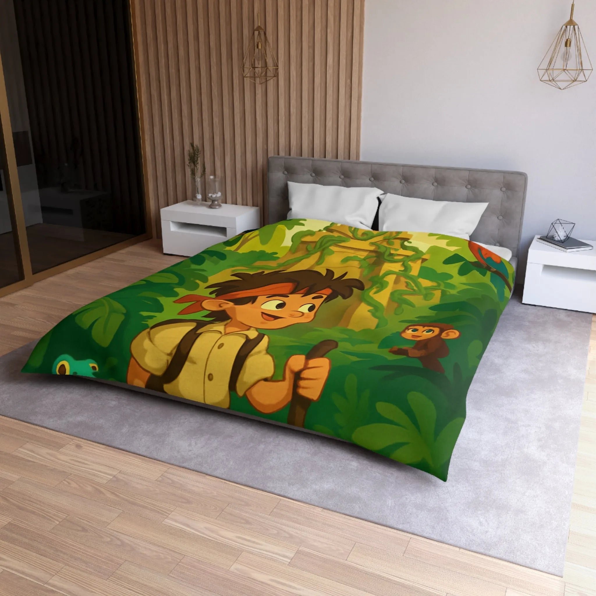 Housse de couette aventure jungle exotique pour chambre d'enfant avec animaux et temple
