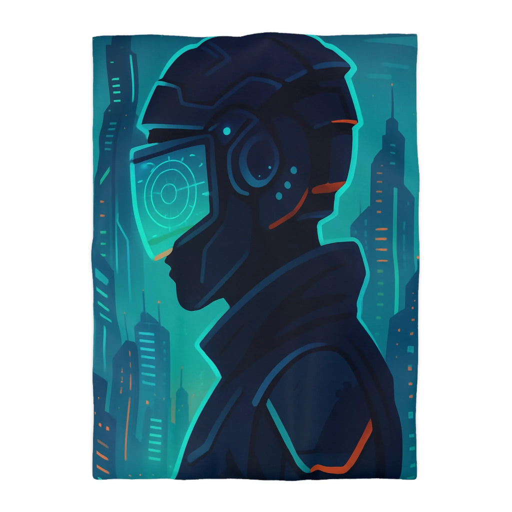 Housse de couette futuriste avec casque de réalité virtuelle et gratte-ciels lumineux