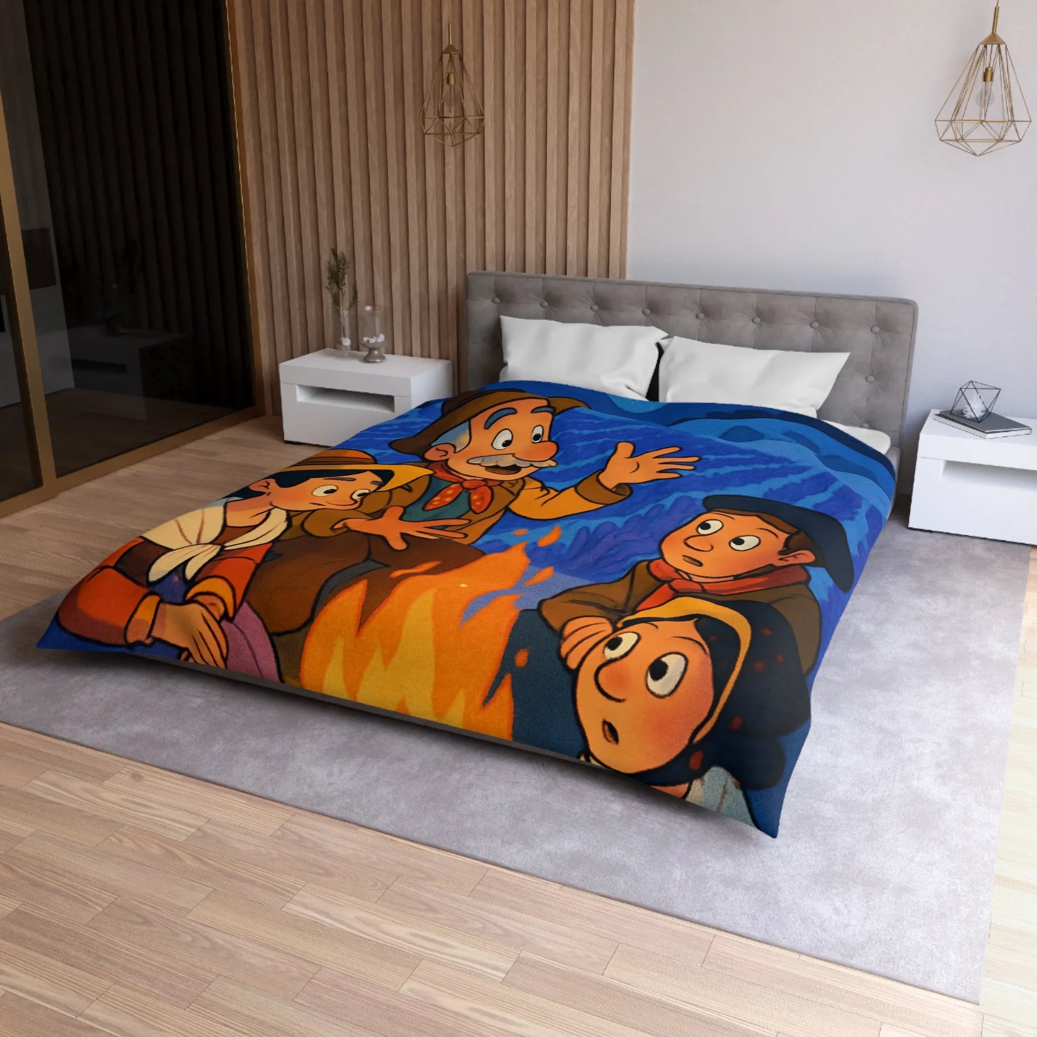 Housse de couette colorée avec scène animée racontant une histoire sous les étoiles