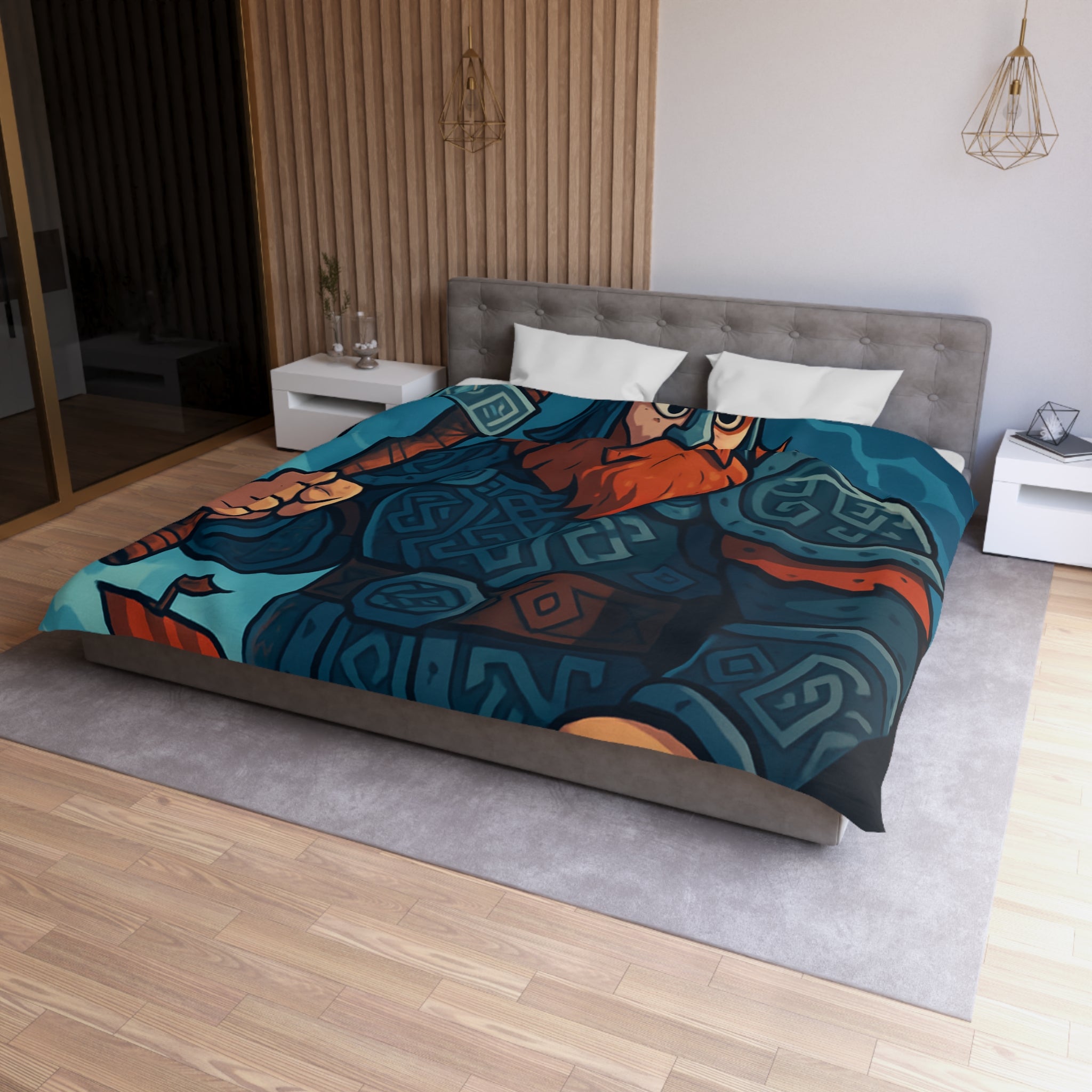 Housse de Couette Viking Illustrée avec Guerrier et Drakkar sur Fond Océan Tempétueux