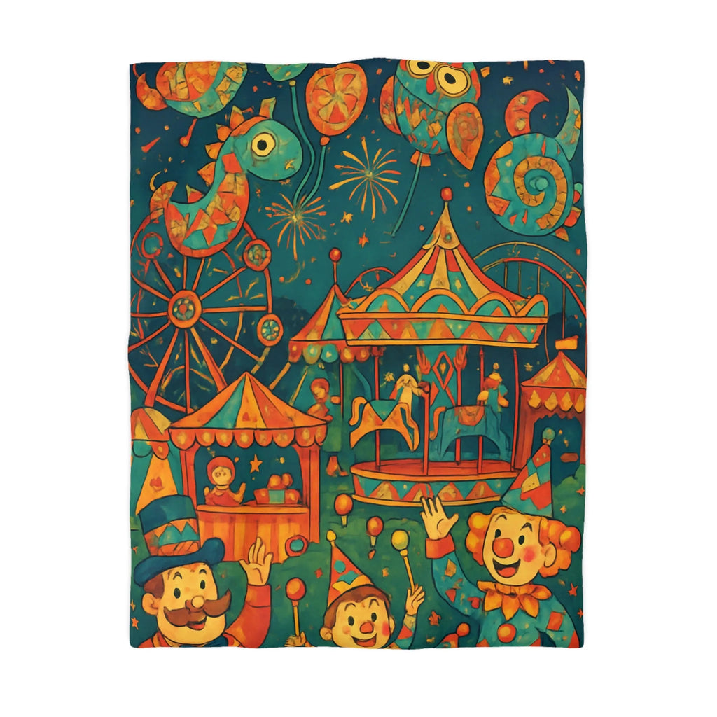 Housse de Couette Enfantine Colorée Fête Foraine avec Manège et Clowns Heureux