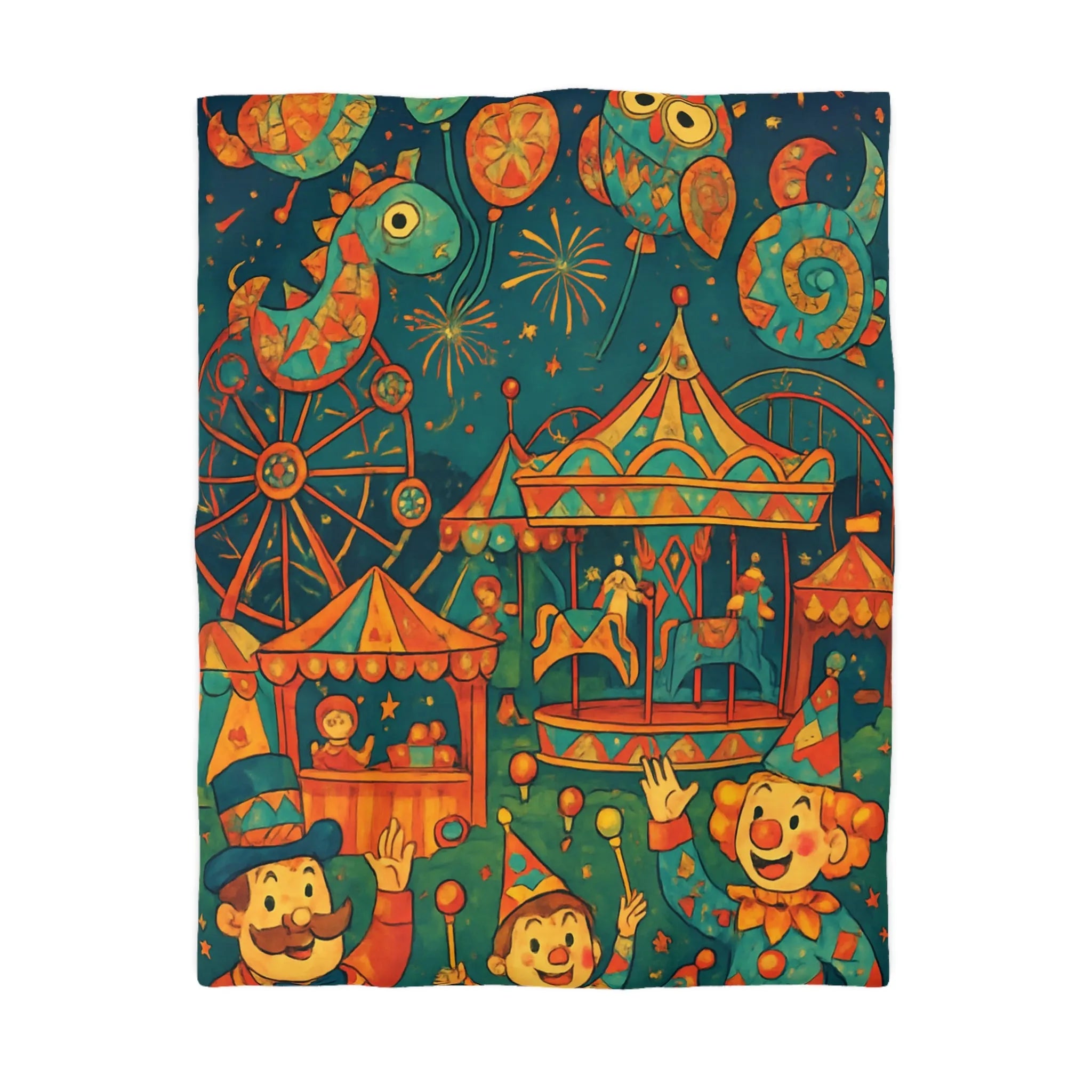 Housse de Couette Enfantine Colorée Fête Foraine avec Manège et Clowns Heureux