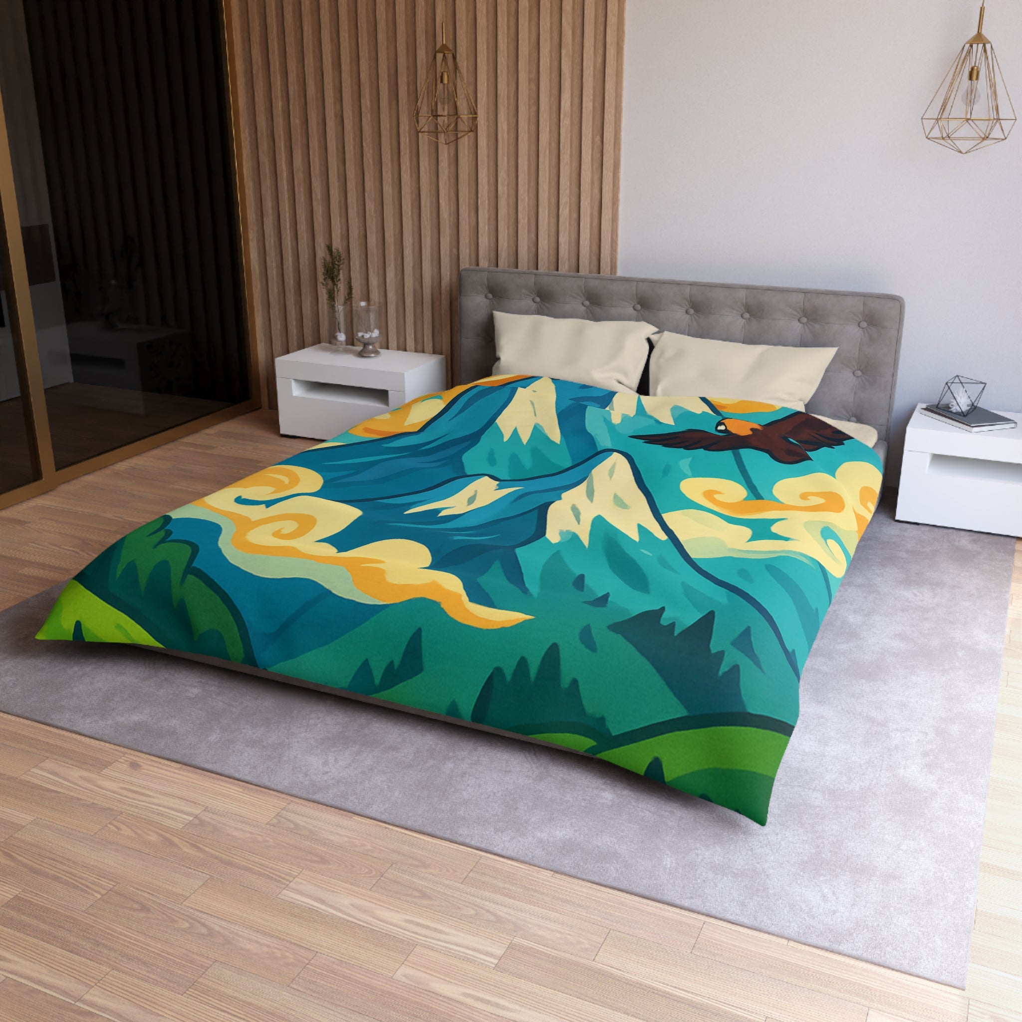 Housse de couette montagne colorée avec aigle et chalets pour chambre moderne