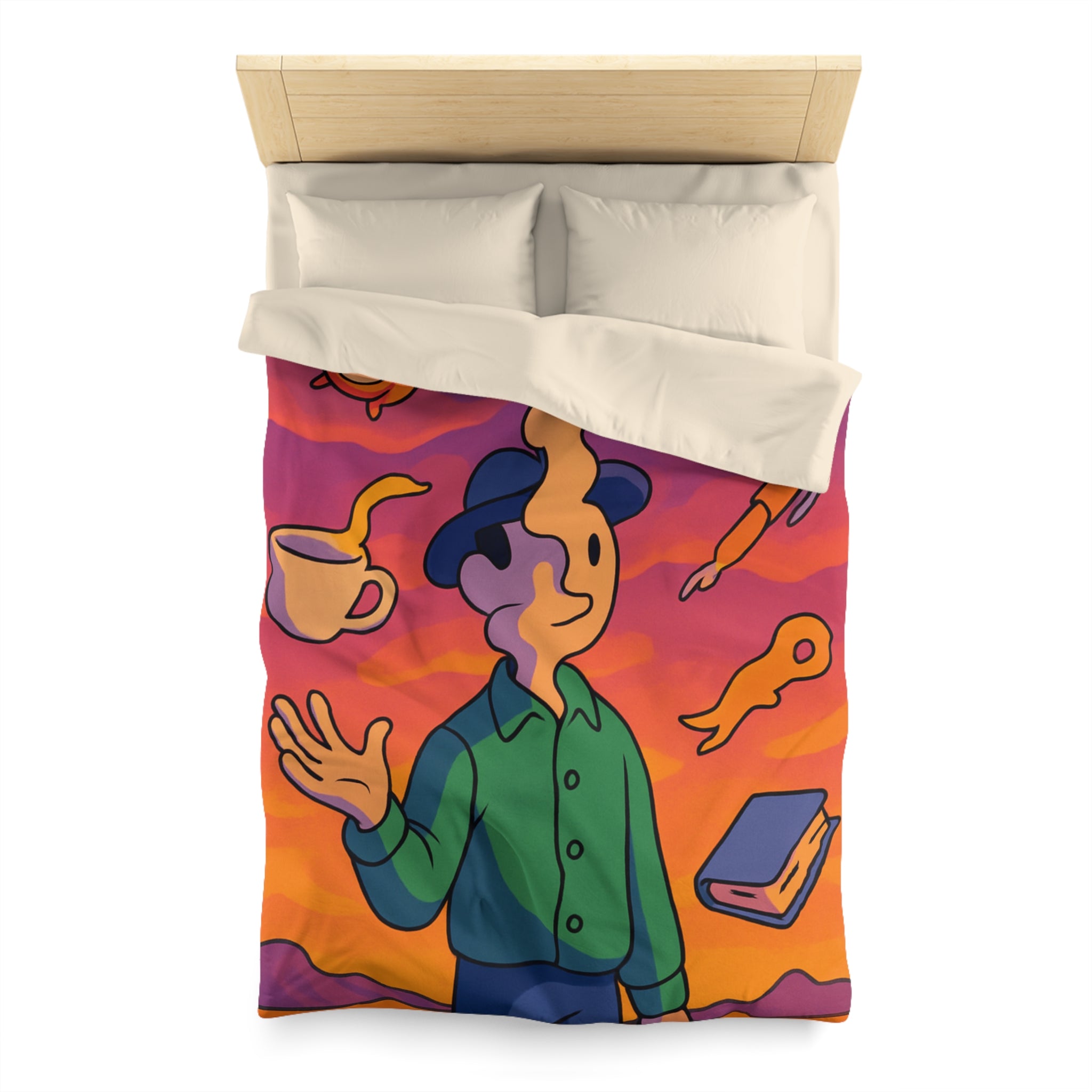 Housse de Couette Unique avec Design Surréaliste et Éléments Symboliques Vifs et Colorés