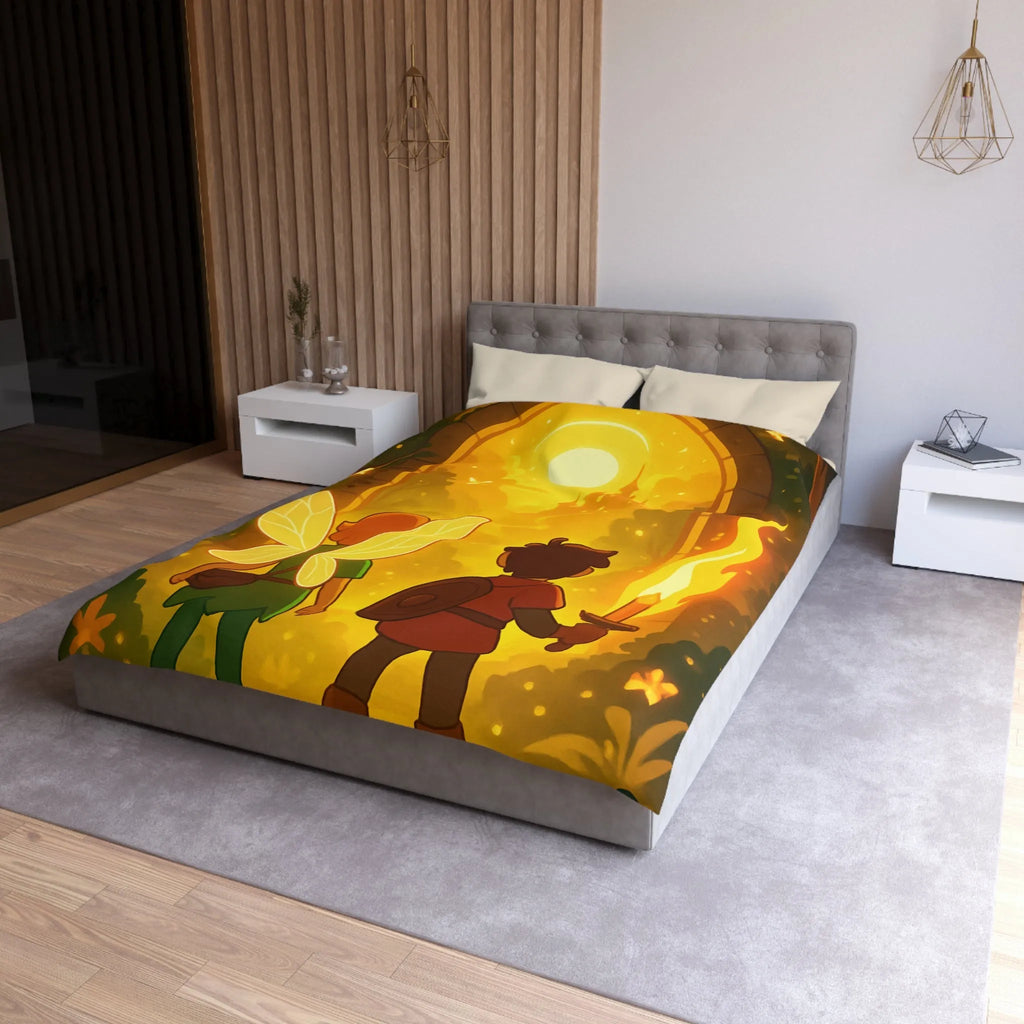 Housse de couette féerique avec fées et aventuriers dans une forêt enchantée magique