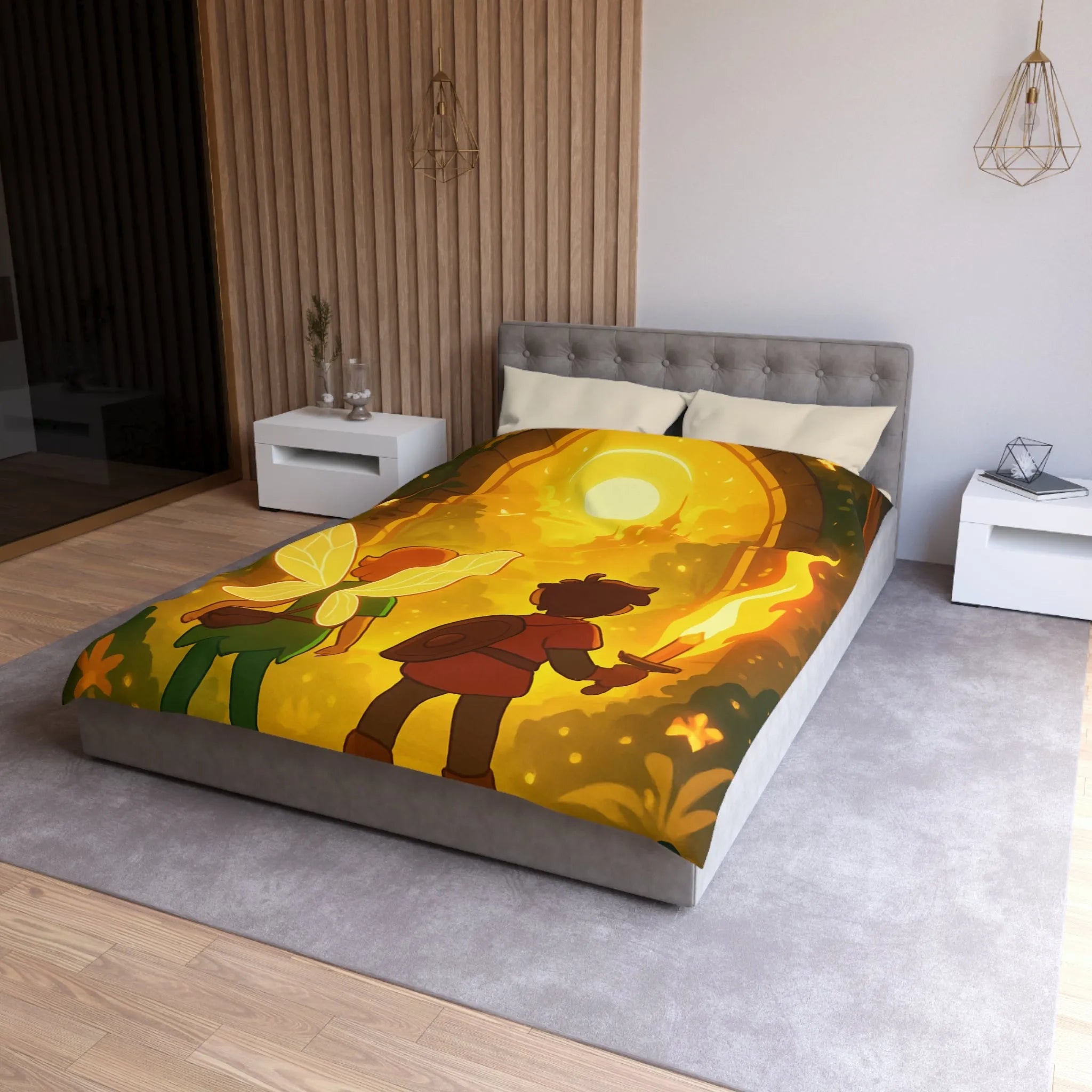 Housse de couette féerique avec fées et aventuriers dans une forêt enchantée magique