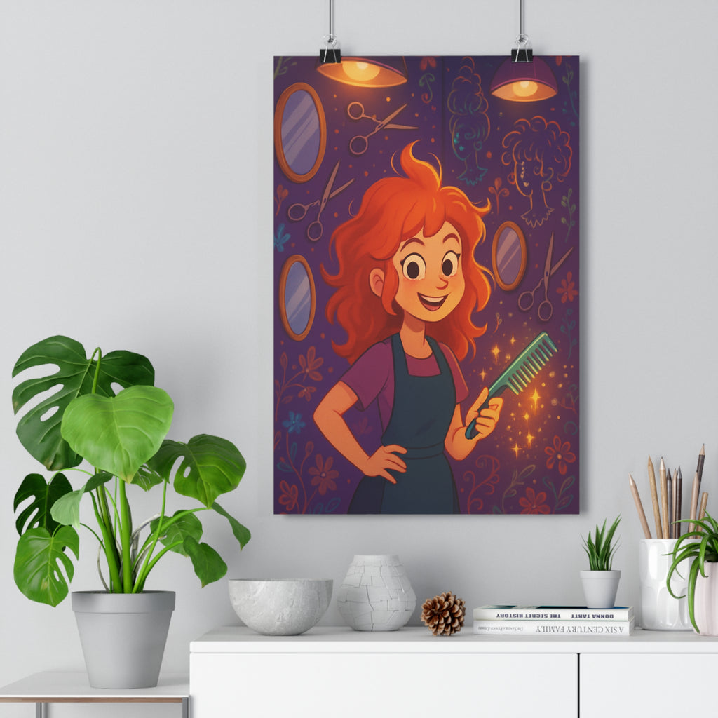 Poster décoratif violet orange cartoon fantaisie magique salon coiffeuse motif floral ambiance chaleureuse enchantée