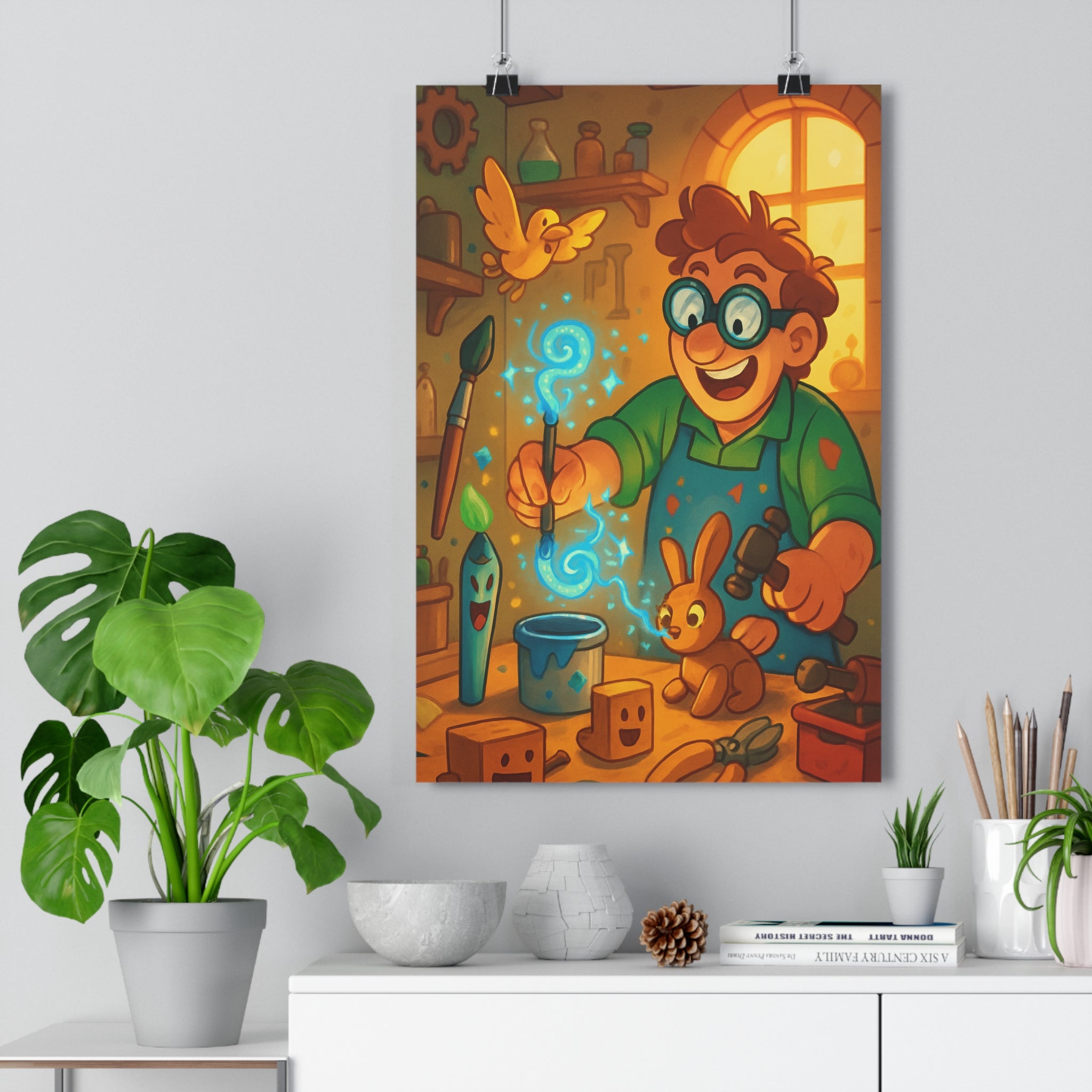 Poster décoratif cartoon joyeux jaune rouge enfant chambre créatif atelier magique bois lunettes ambiance