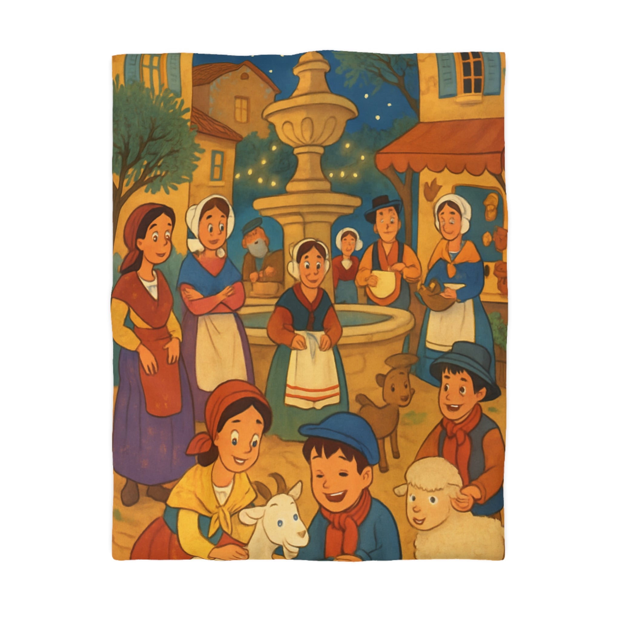 Housse de couette pour enfants avec scène villageoise festive et animaux mignons joyeux