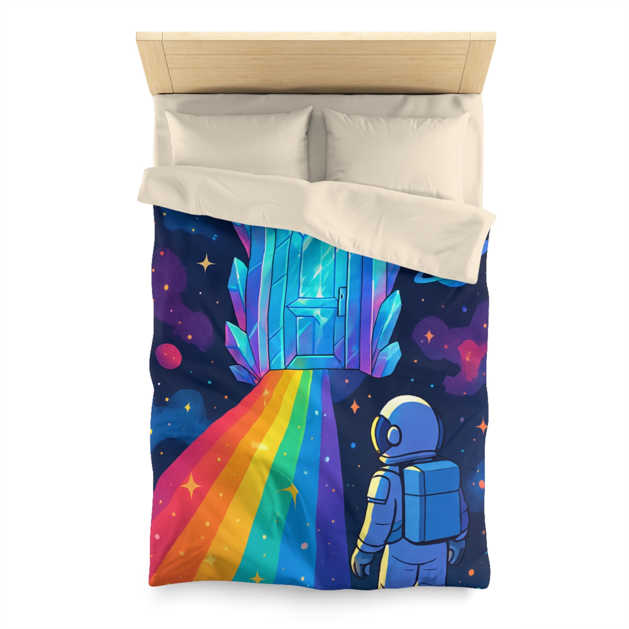 Housse de couette rêve cosmique : astronaute, porte de cristal et univers coloré