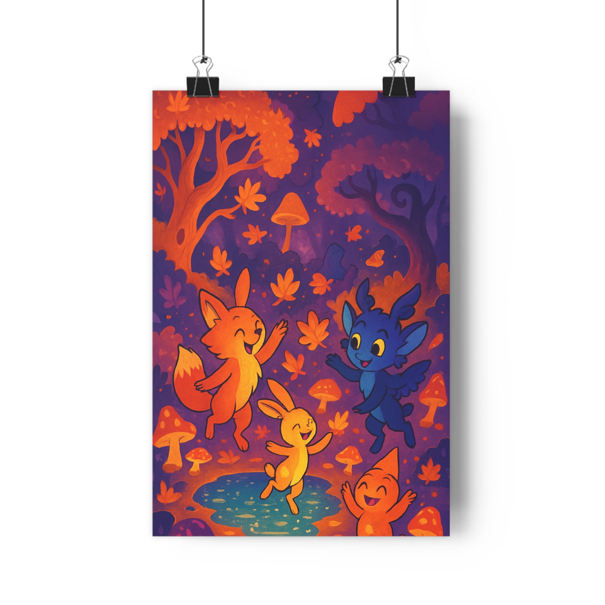 Poster décoratif forêt enchantée cartoon bleu orange violet magique joyeux enfant salon vibrant ambiance