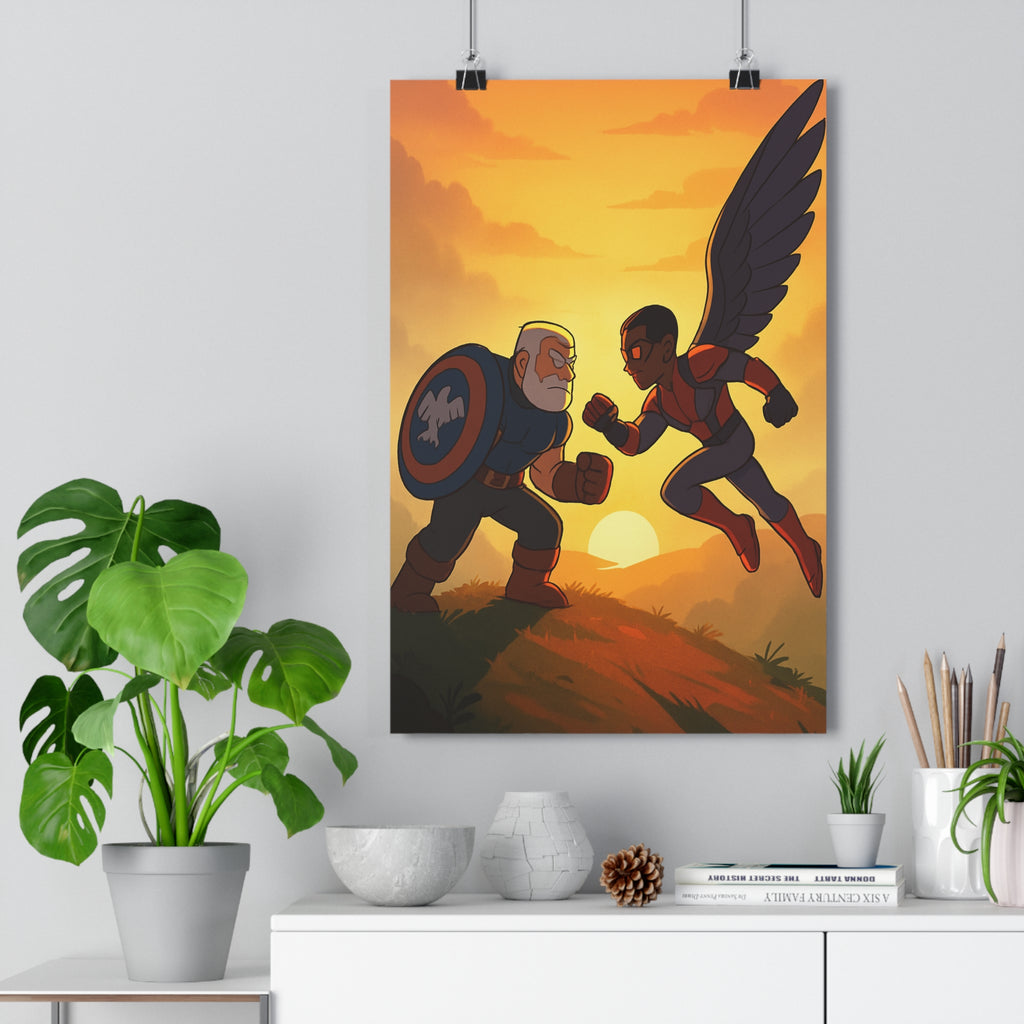 Poster décoratif animé pastel intense dynamique salon chambre art mural tension cinématique héros confrontation