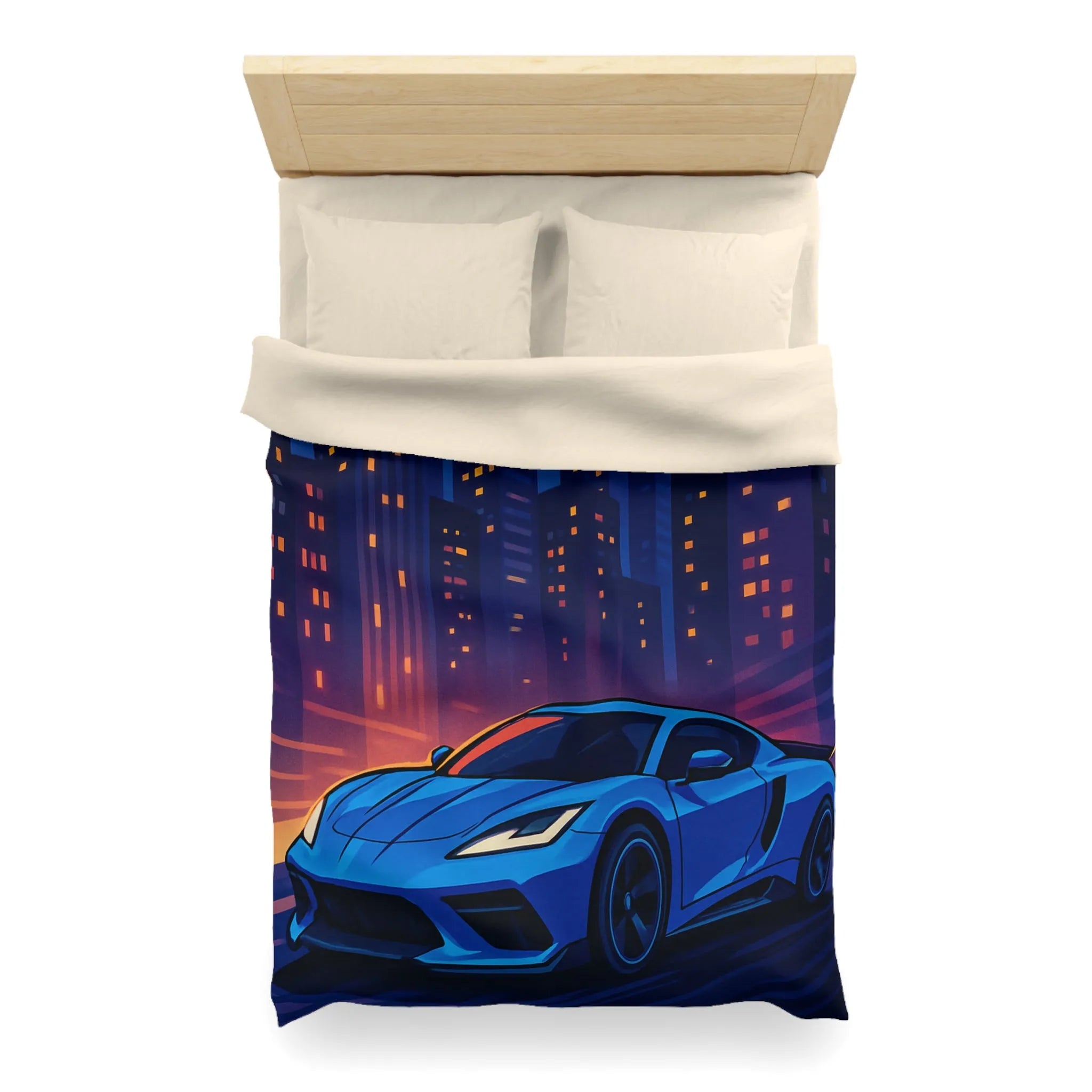 Housse de couette avec voiture bleue moderne et paysage urbain éclairé la nuit