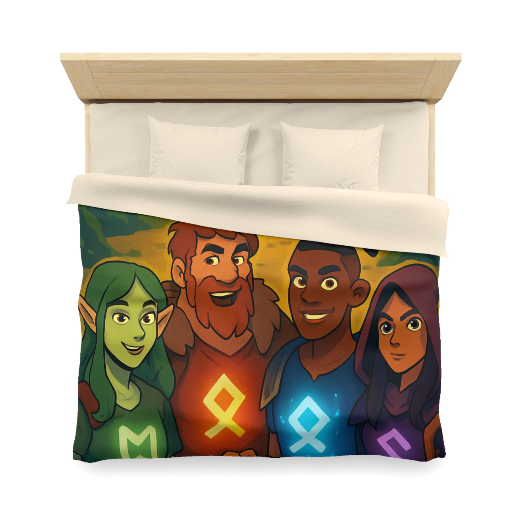 Housse de couette vibrant avec aventure illustrée de quatre héros devant un ancien temple