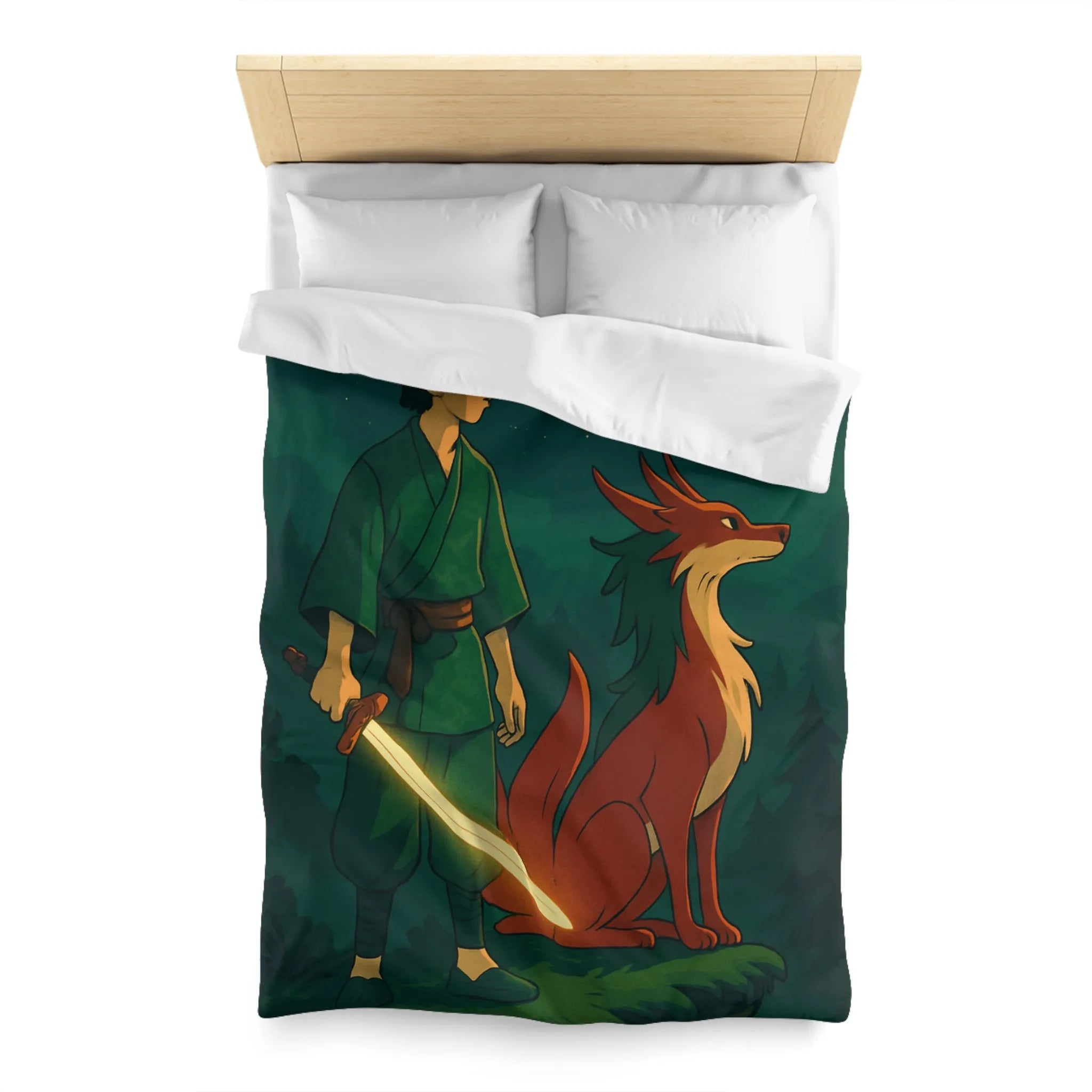 Housse de couette épique avec lune rouge, scène mystique et créature légendaire